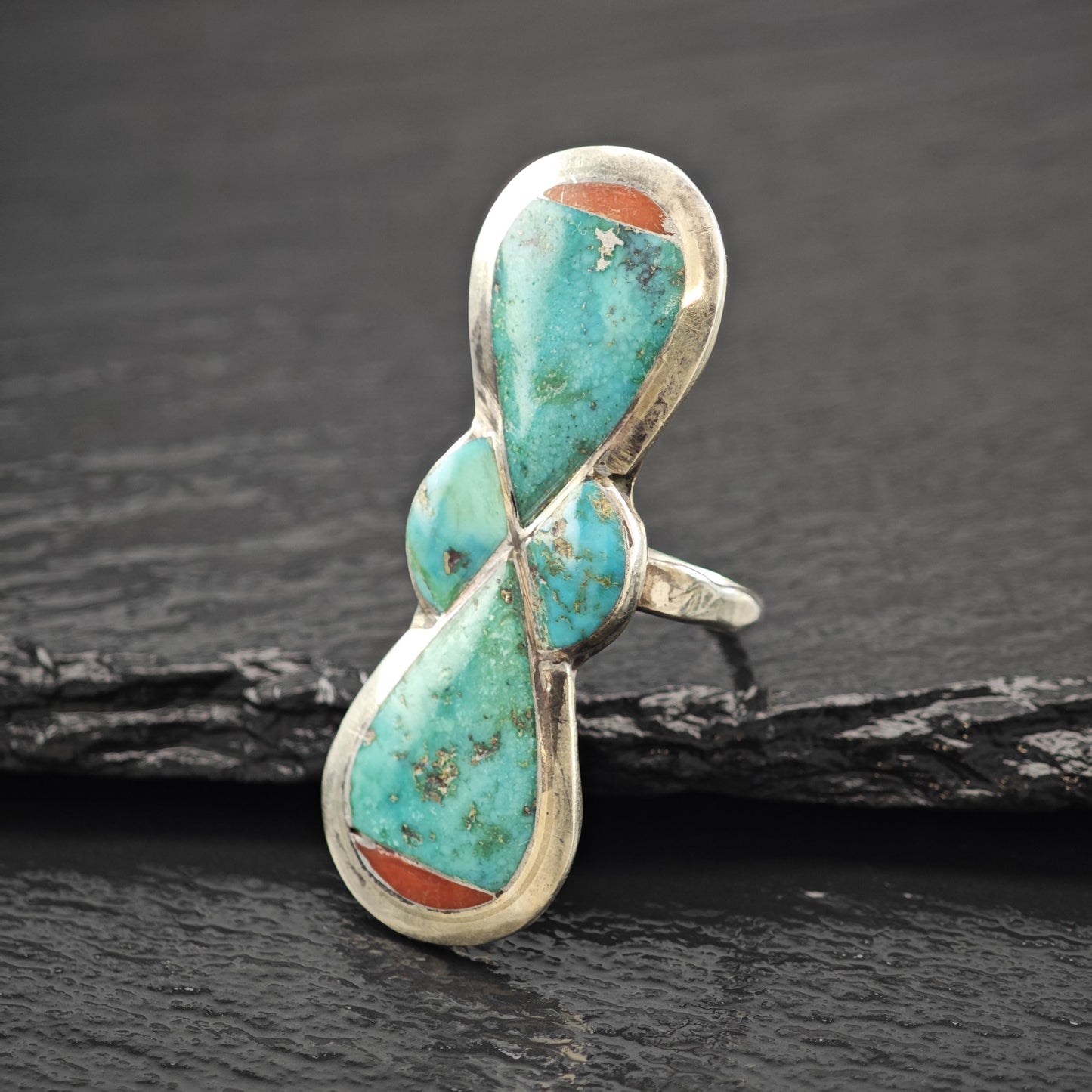 Large Turquoise, Coral Inlay Ring Sterling Silver Sz 8 R5934