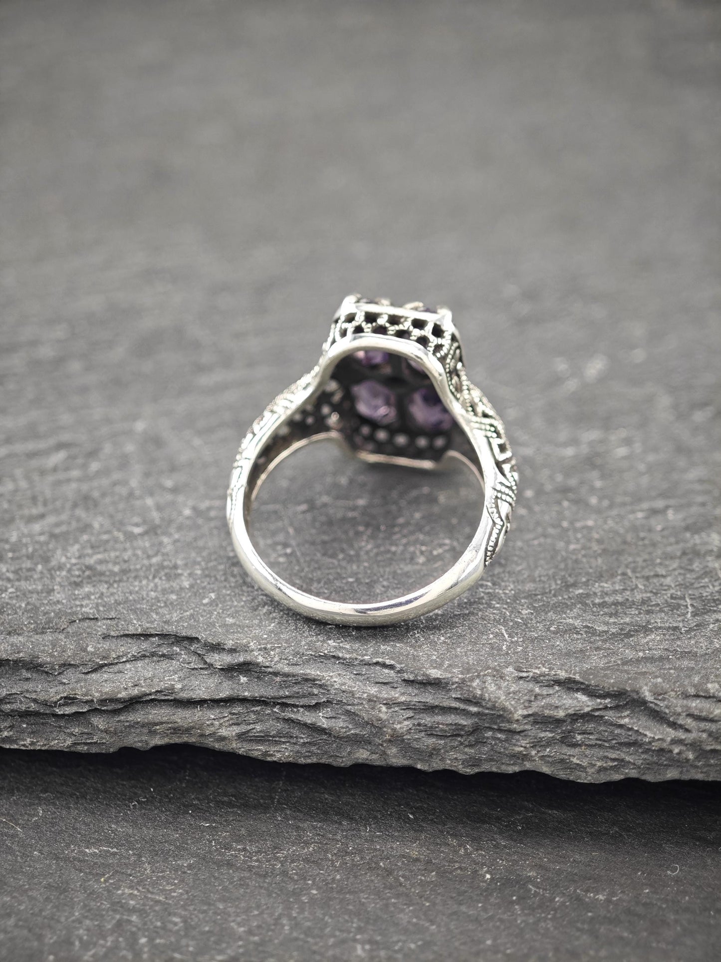 Art Deco Style Amethyst, Diamond Chip Ring Sterling Silver