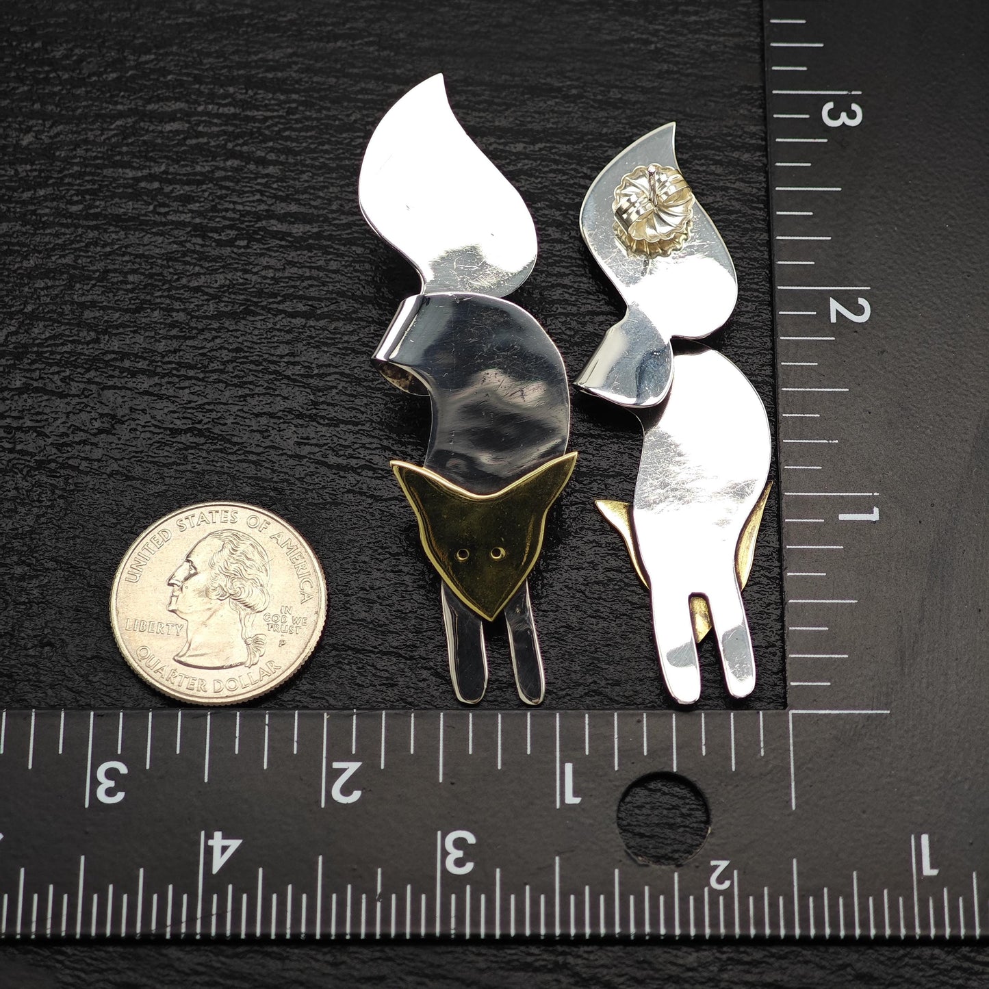 Vintage Gold Tone Fox, Brass Animal Stud Earrings Sterling Silver