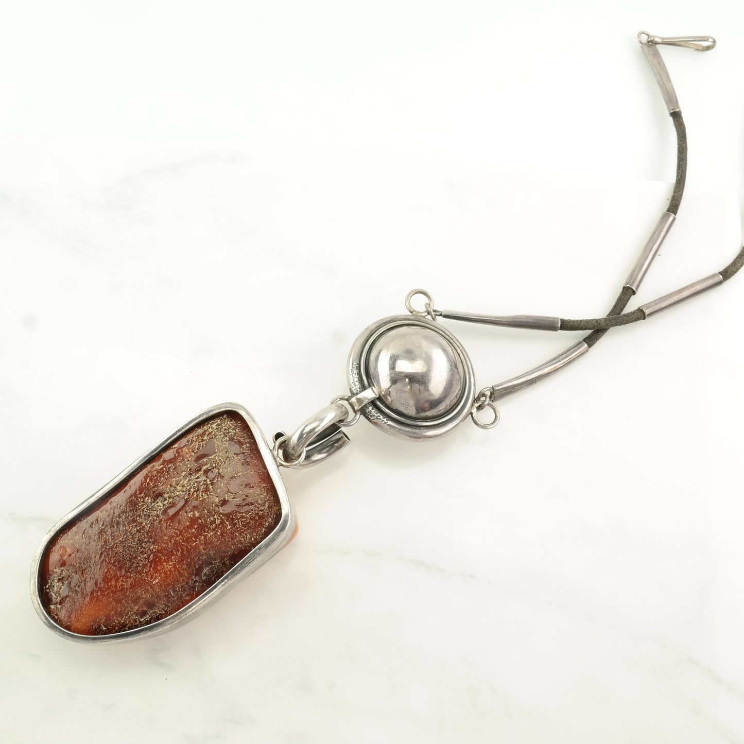 Sterling Silver Orange Amber, Boulder Leather Necklace