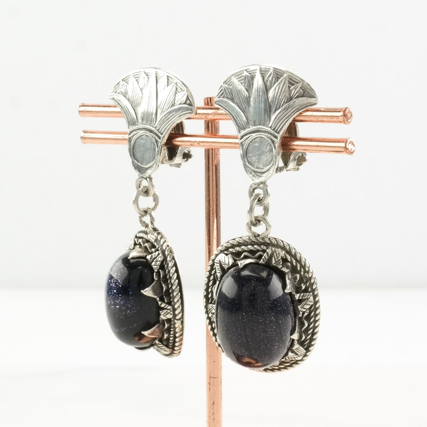 Egyptian Revival Sterling Silver Blue Goldstone Earrings Clip On