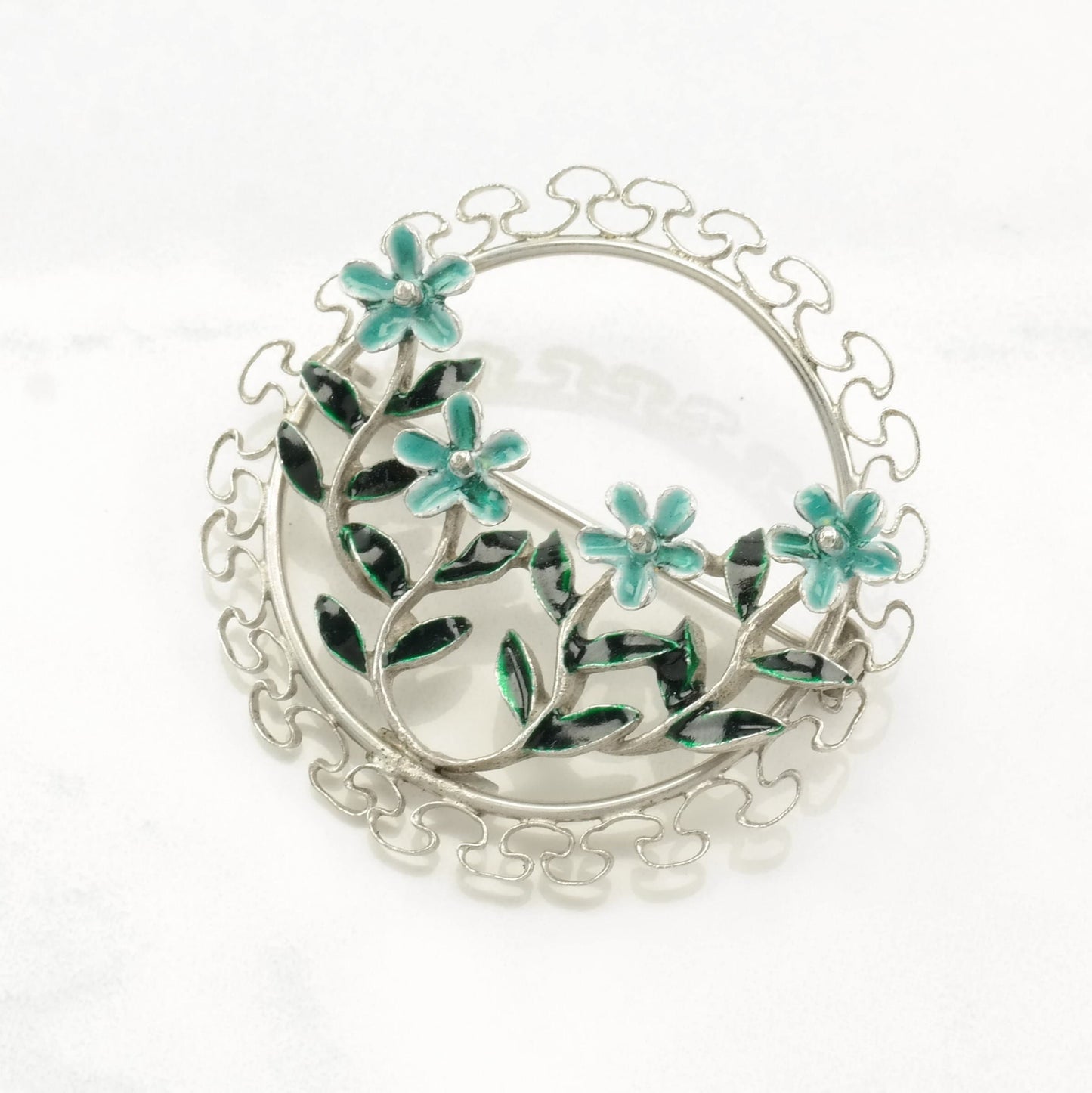 Silver Brooch Flower Wreath Enamel Sterling