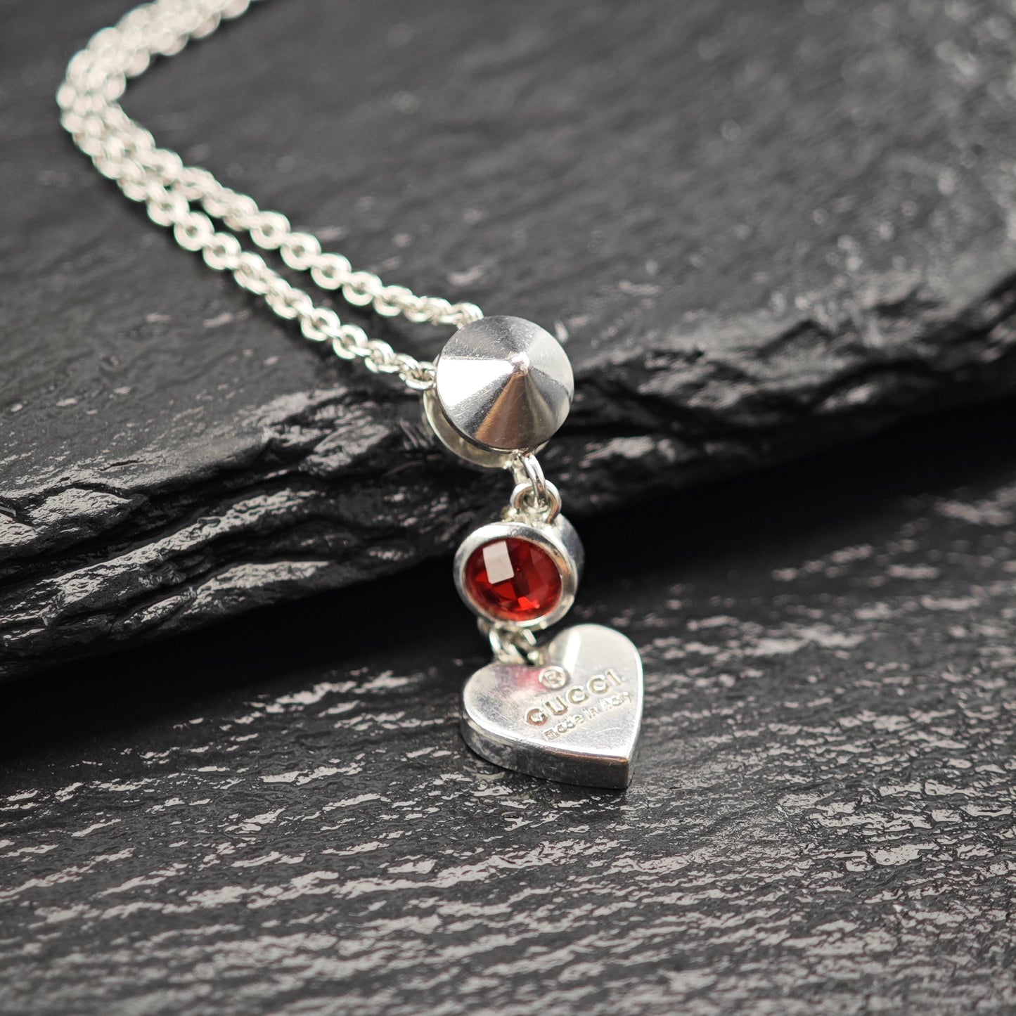 Gucci Sterling Silver Red Crystal Heart, Modernist Necklace N2592