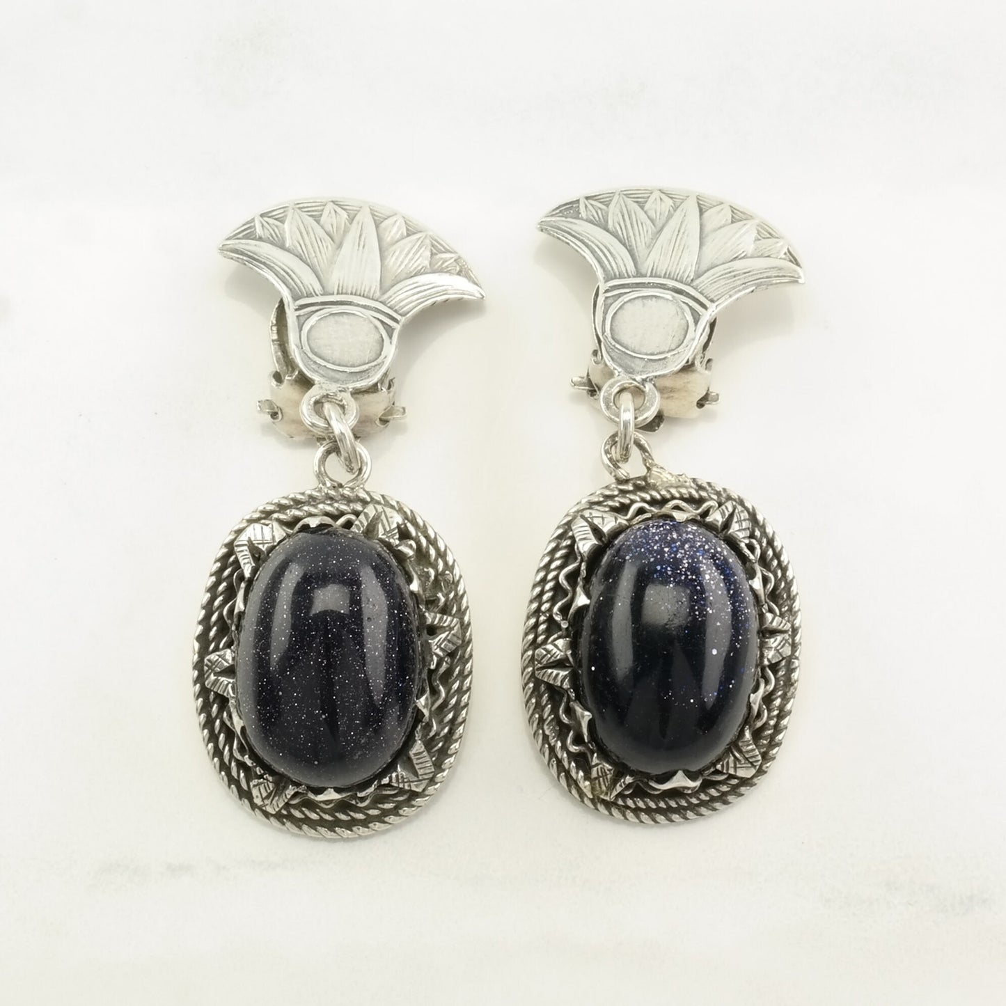 Egyptian Revival Sterling Silver Blue Goldstone Earrings Clip On