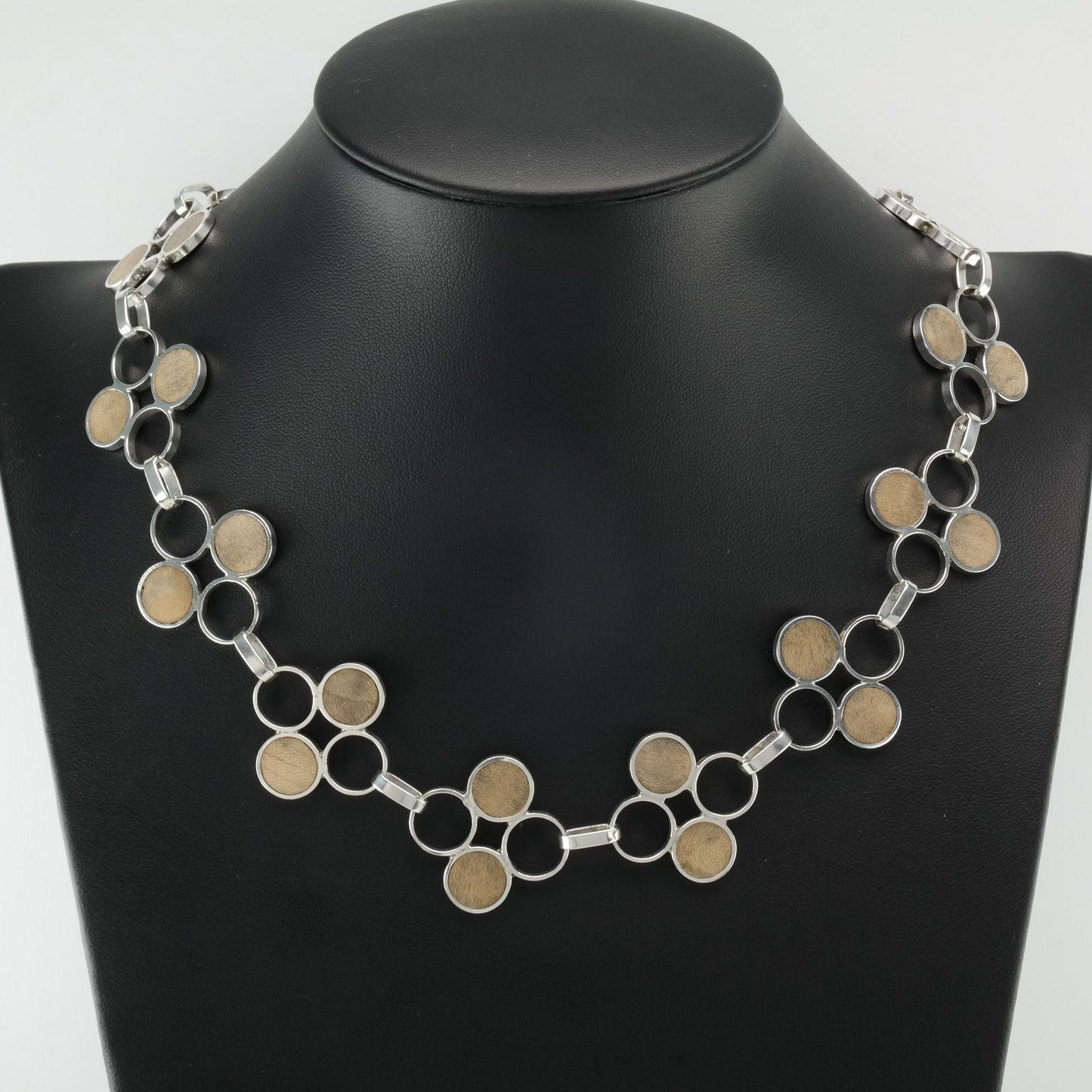 Vintage Brown Wood, Geometric Sterling Silver Necklace