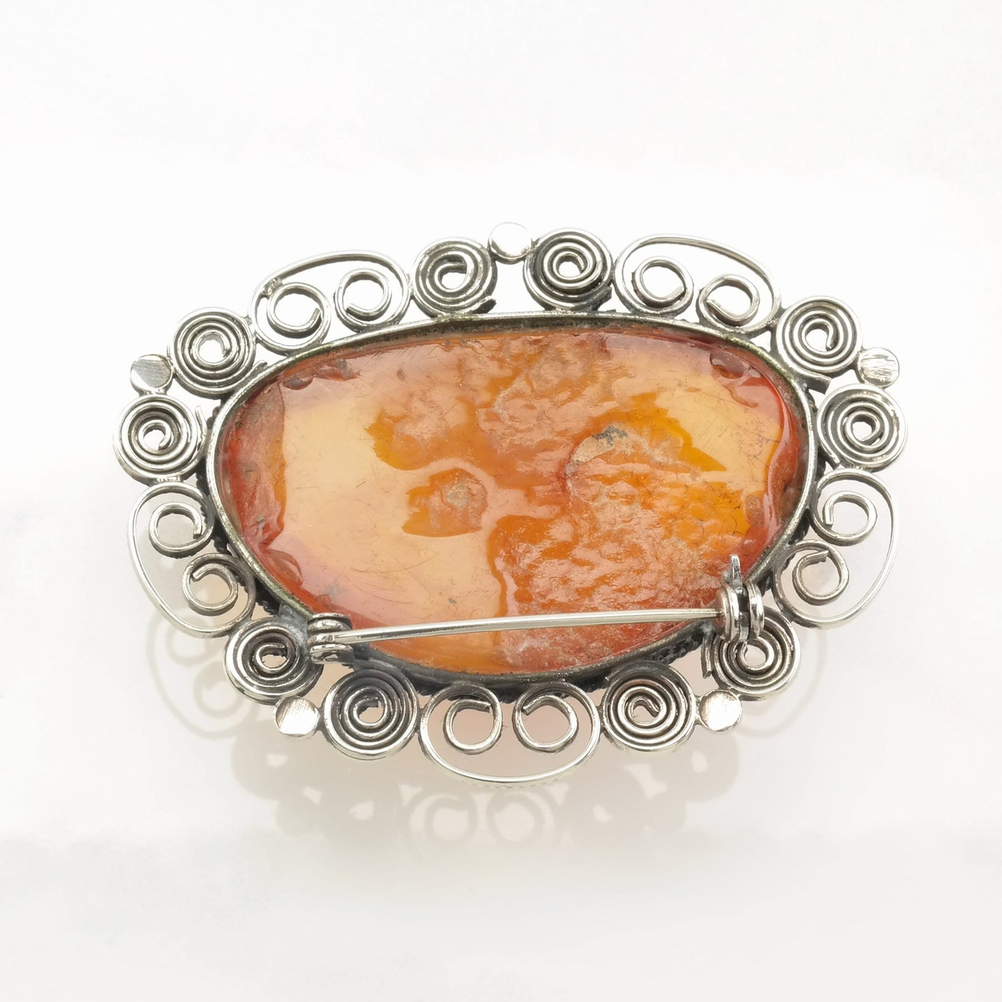 Boho Sterling Silver Brooch Filigree Baltic Amber