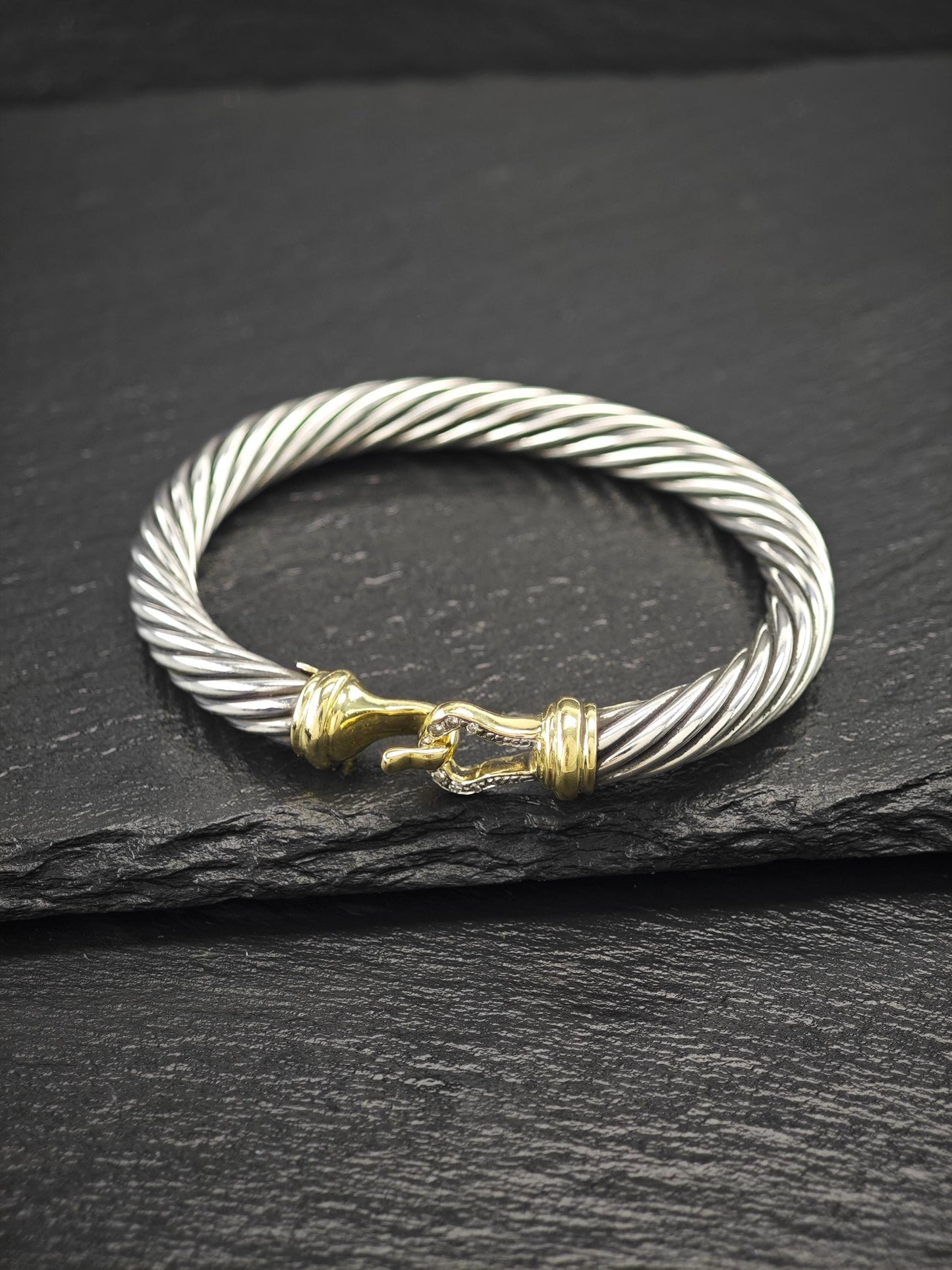 David Yurman 7mm 14K Gold, Diamond, Buckle Bangle Bracelet Sterling Silver