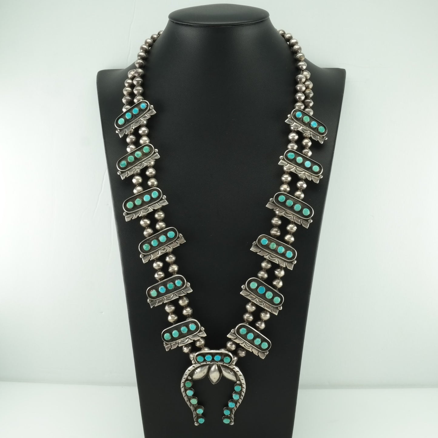 Native American Sterling Silver Blue Turquoise Cluster Squash Blossom Necklace