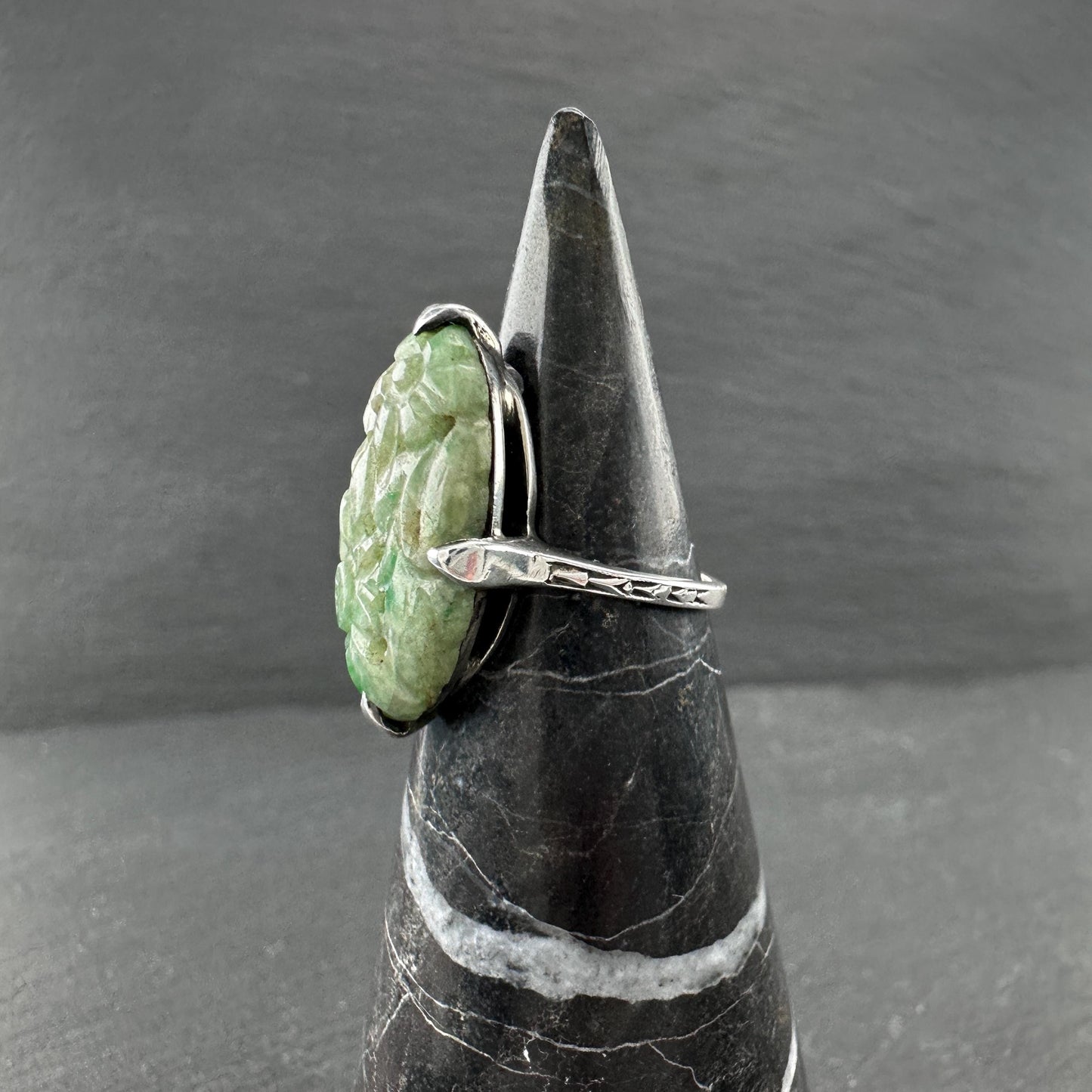 Carved Green Jadeite Jade, Floral Ring Sterling Silver