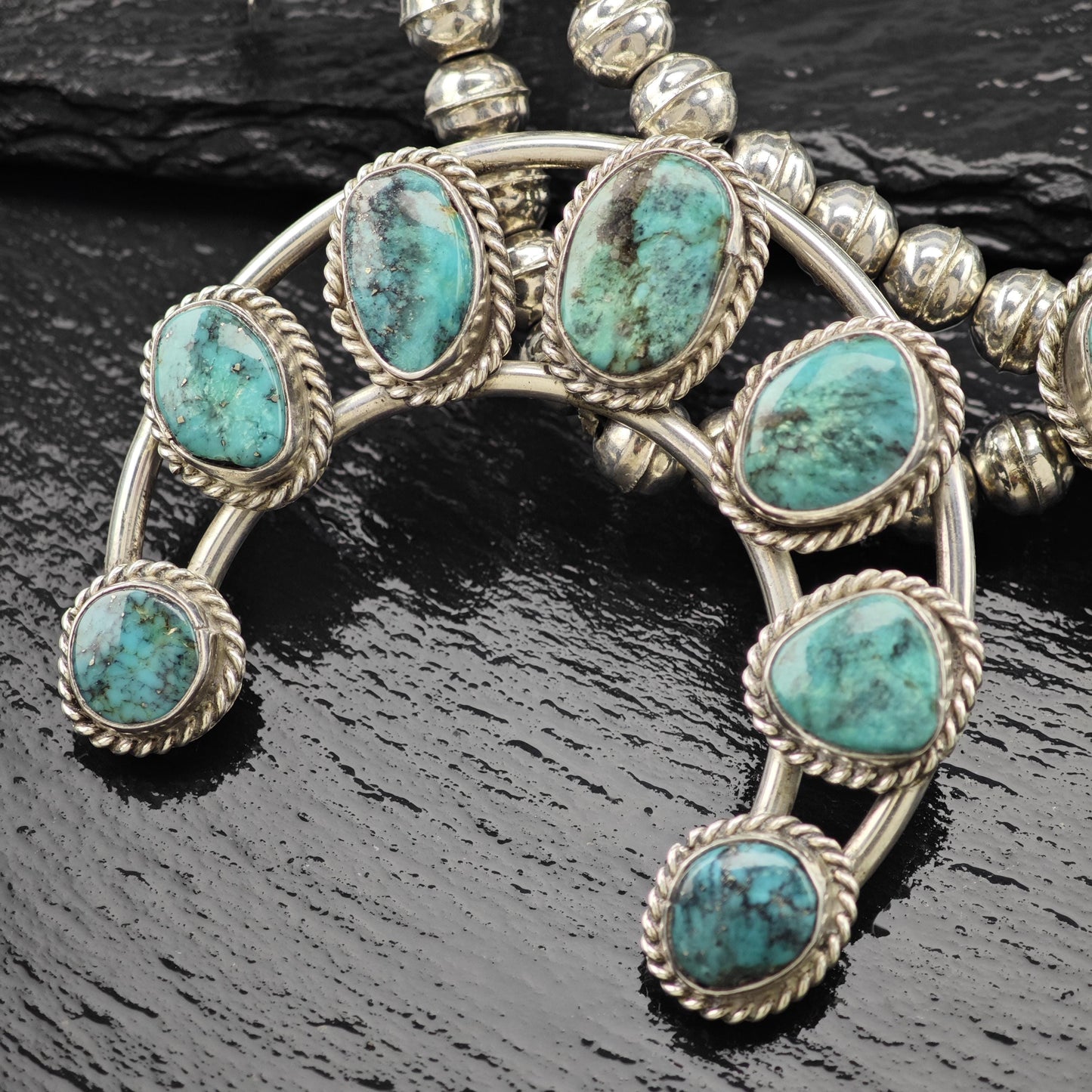 Sw Sterling Silver Blue Turquoise Squash Blossom Necklace 25"