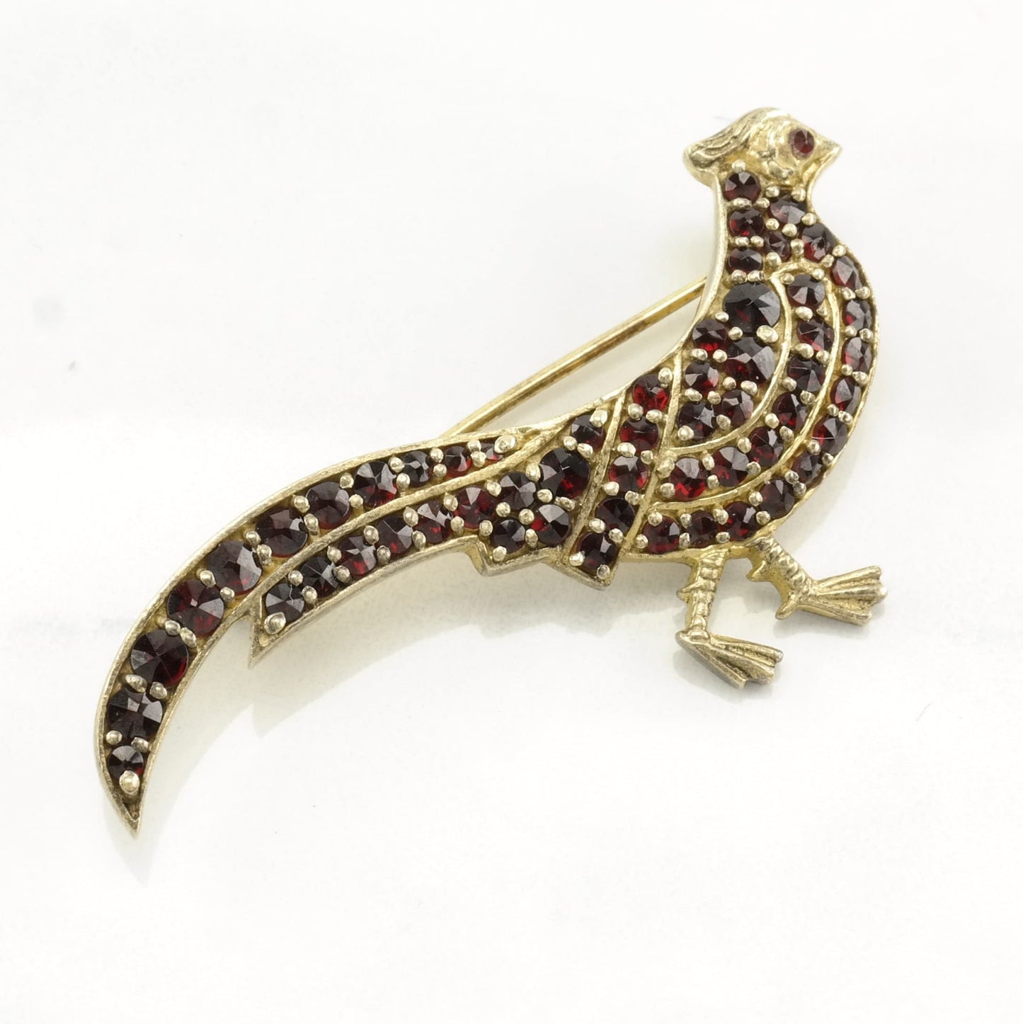 European Sterling Silver Brooch Quail, Pheasant Red Bohemian Garnet