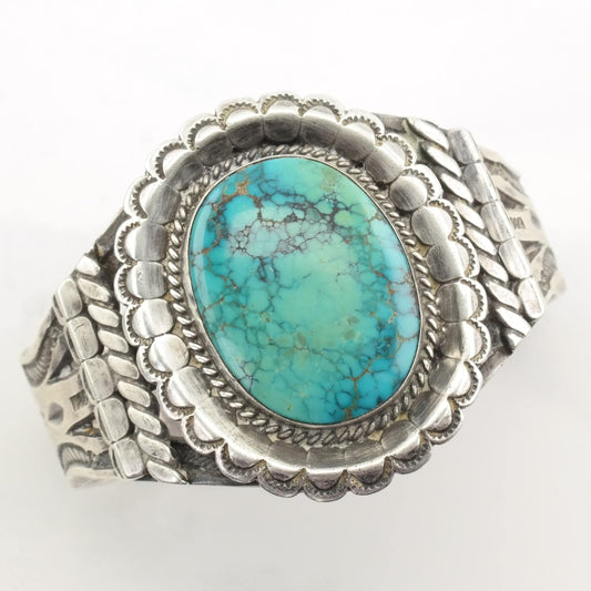 Native American Sterling Silver Turquoise Oval Spiderweb Ingot Heavy Stamping Cuff Bracelet