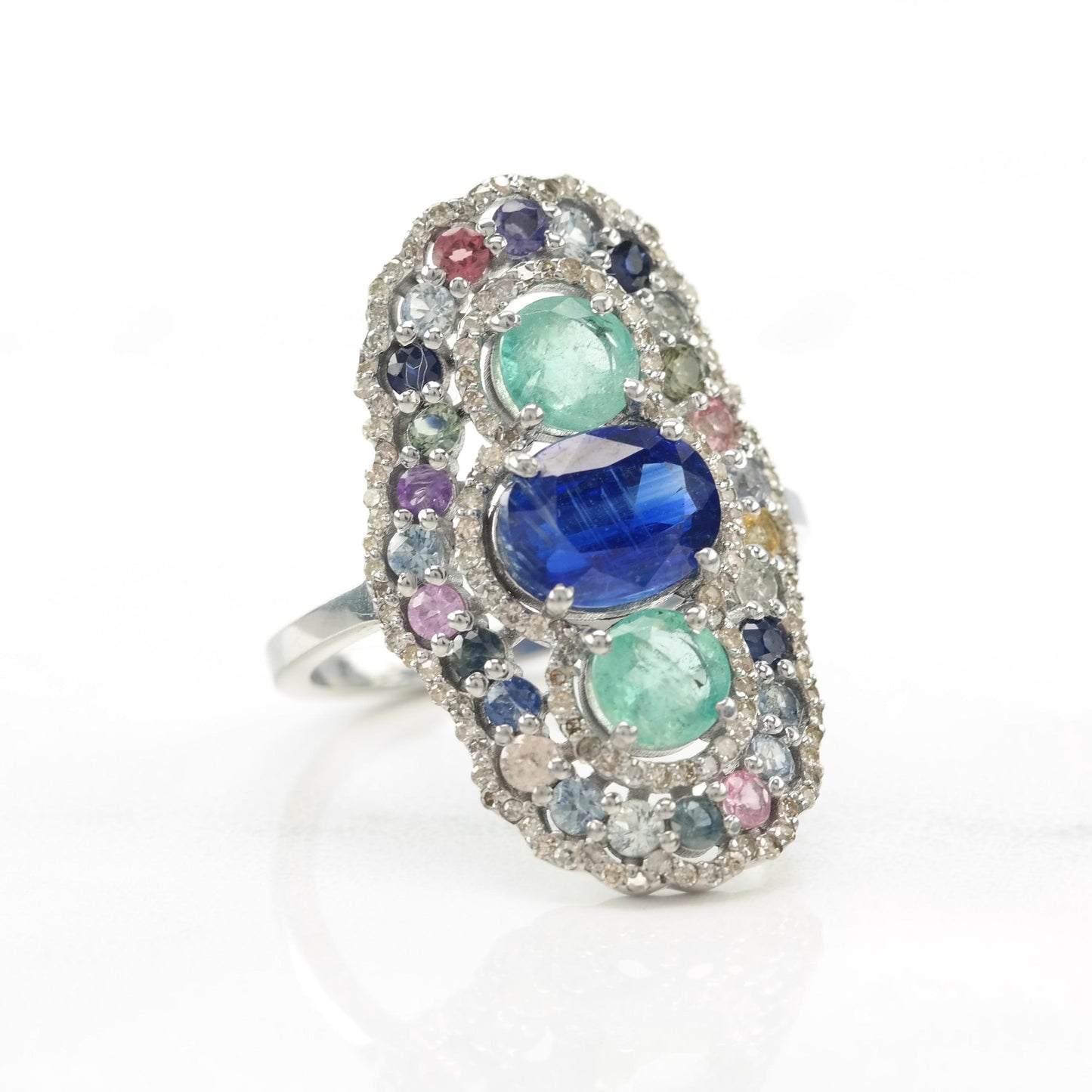 Emerald Diamond Sapphire Silver Ring Sterling