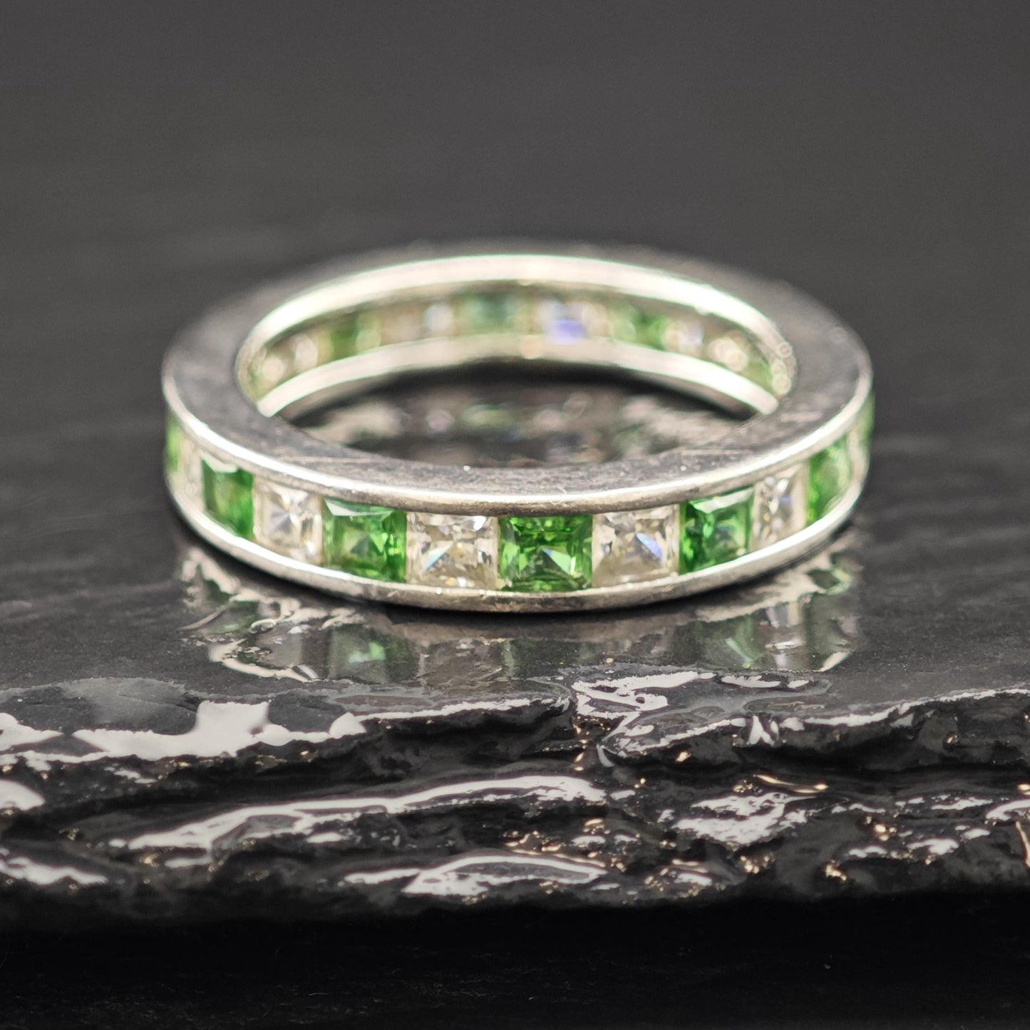 Sterling Silver Ring Green and White CZ Band Size 9 R6046