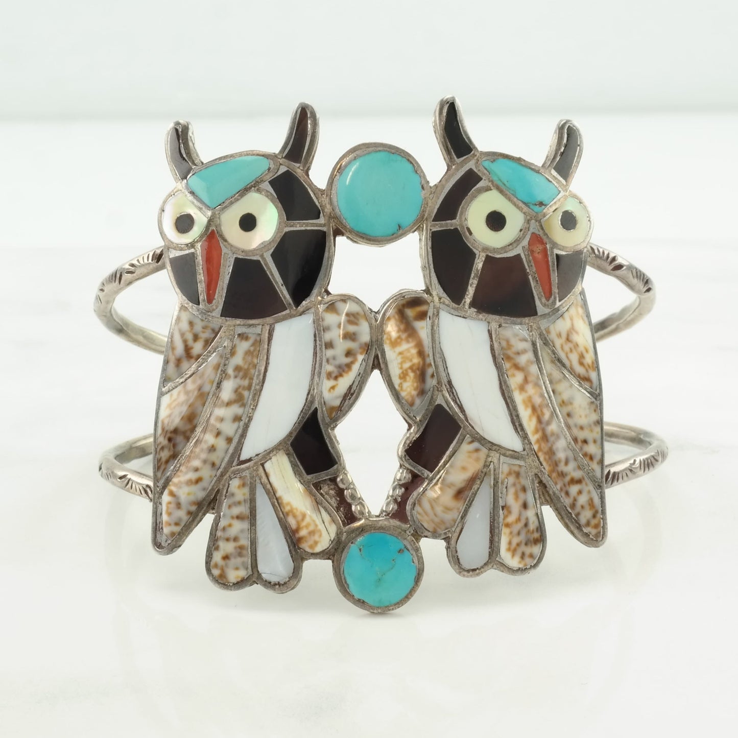 Vintage Zuni, Native American Sterling Silver Cuff Bracelet Multi Stone Inlay, Owls