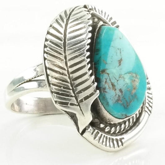 Vintage Native American Silver Ring Turquoise Leaf Sterling Blue Size 8