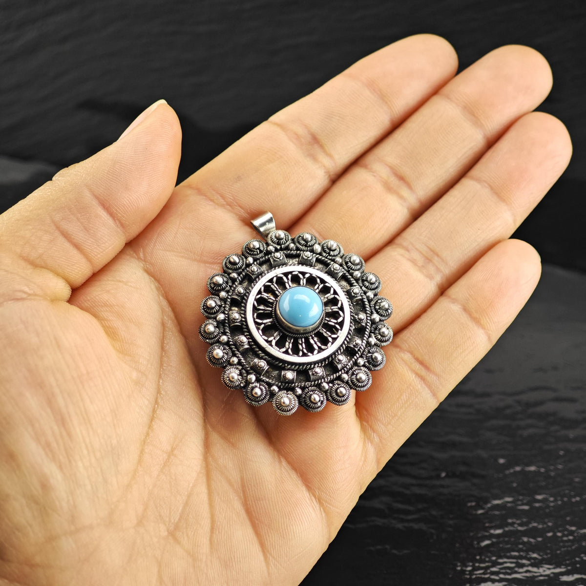 Block Turquoise Cabochon Sterling Silver Brooch/Pendant B2277