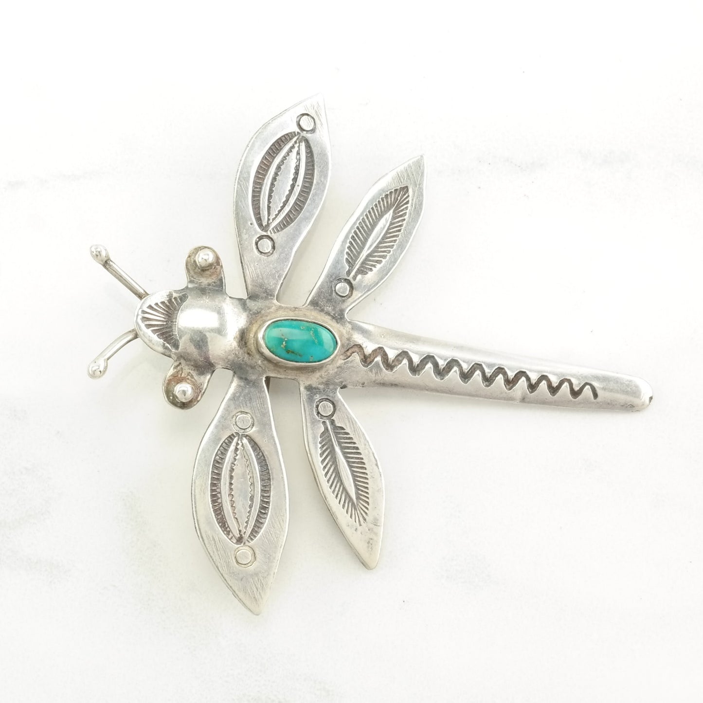 Native American Sterling Silver Brooch Stamped, Dragonfly Turquoise