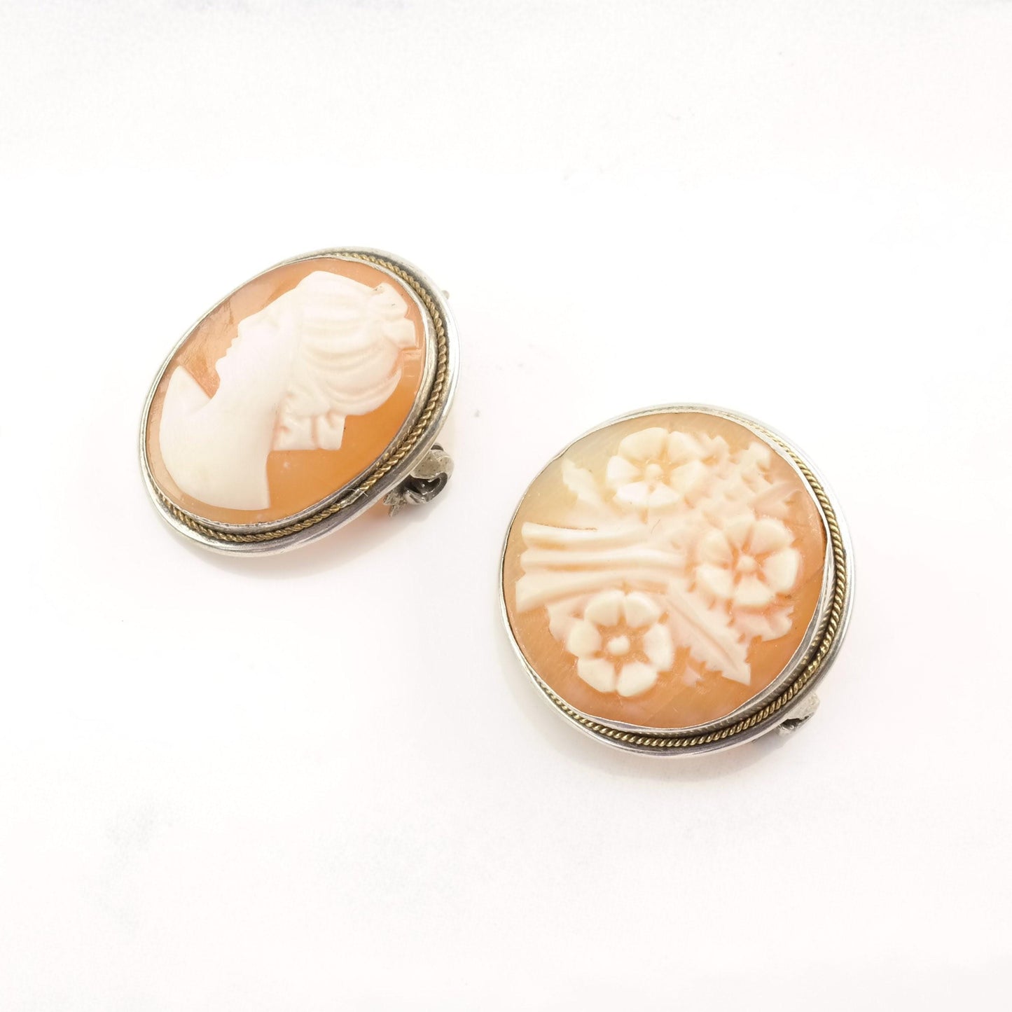 Sterling Silver Brooch: Carved Cameo Design Pink and White B1681 B