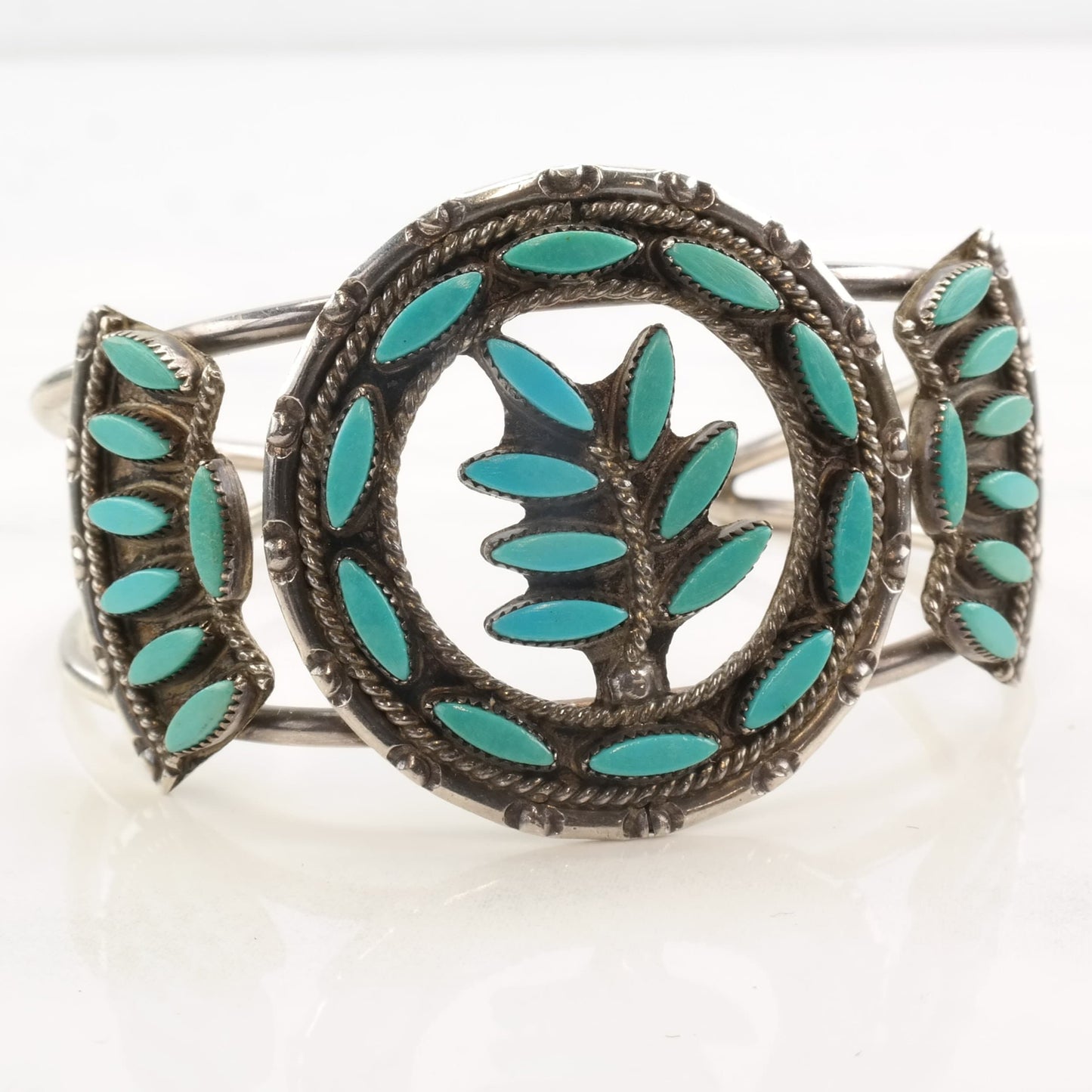 Native American Sterling Silver Turquoise Leaf Cluster Needle Point Cuff Bracelet