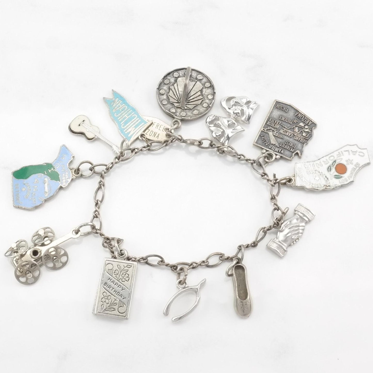 Vintage Sterling Silver Charm Bracelet Travel 12 Charms