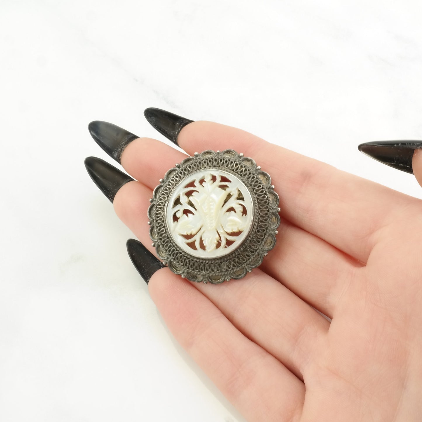 Vintage MOP Carved, Flower Sterling Silver Pendant