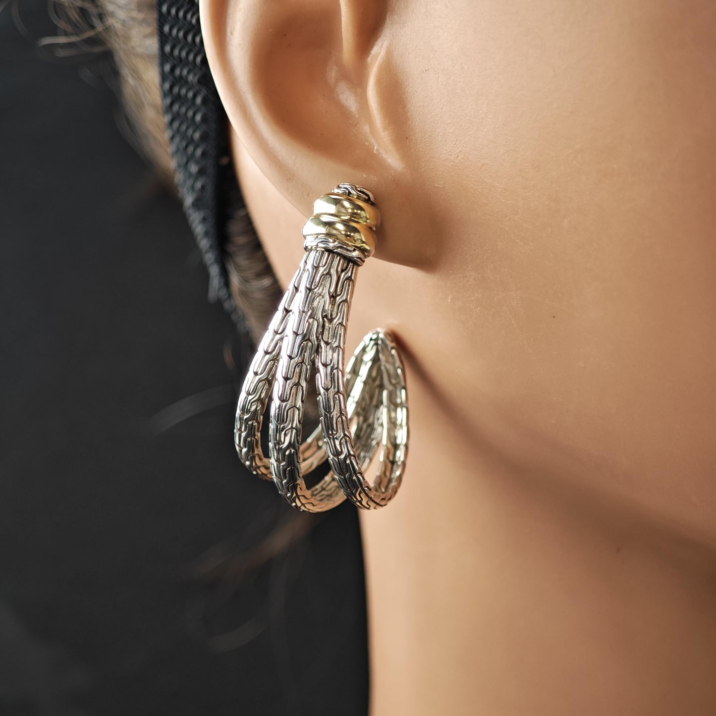 Lg John Hardy 18K Gold Accent Sterling Silver Half Hoop Earrings