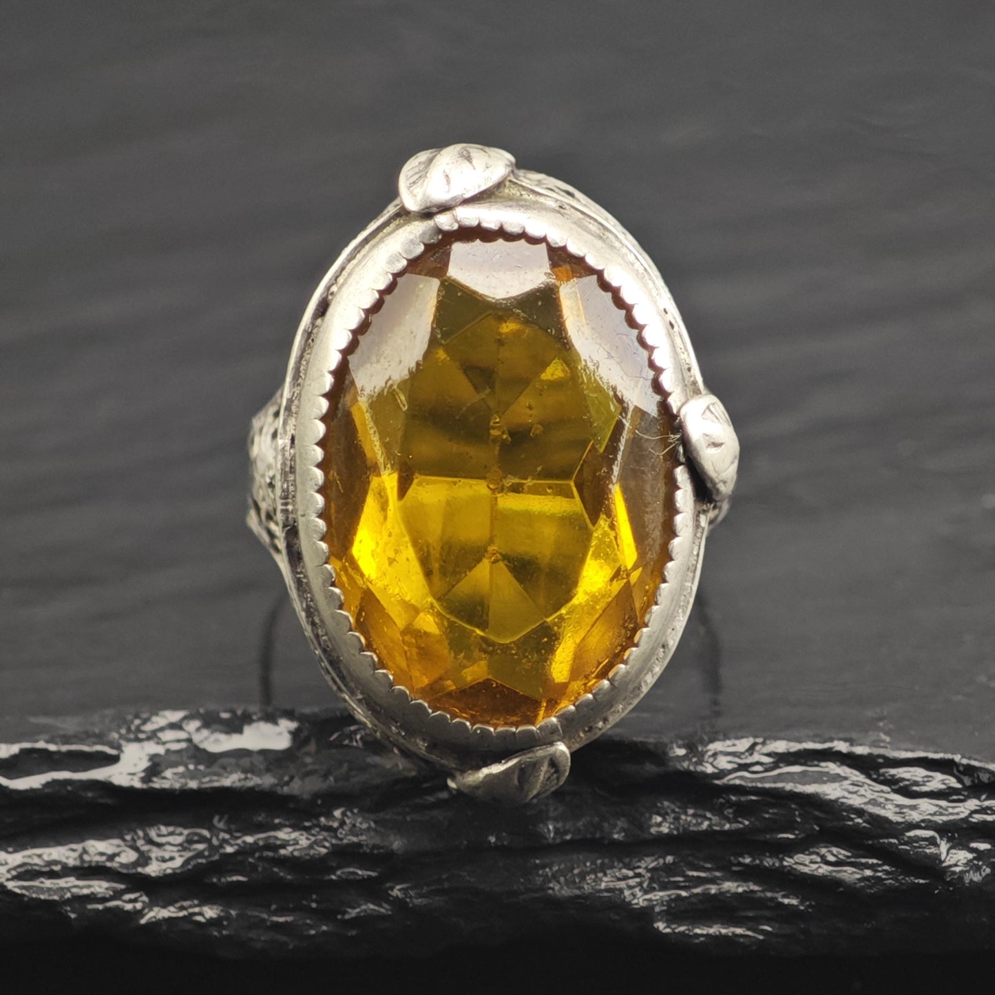 AS IS Art Deco Filigree Orange Paste Sterling Silver Ring Sz 5 3/4 R6675