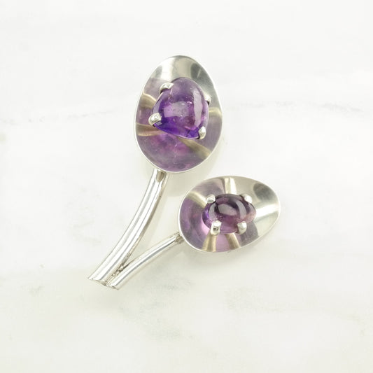 Vintage Taxco Sterling Silver Brooch Modernist Purple Amethyst