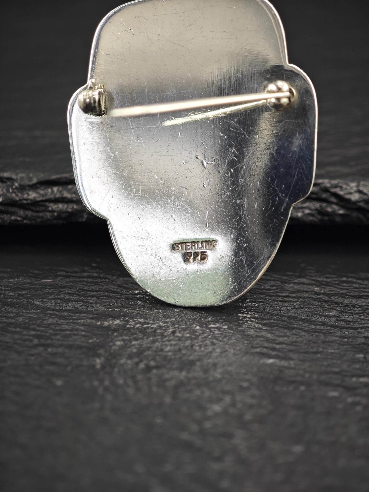 Vintage Carved Mask Brooch Sterling Silver