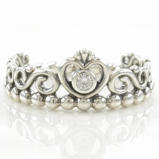 Vintage Pandora Ring CZ Heart, Crown Sterling Silver Size 8 1/2