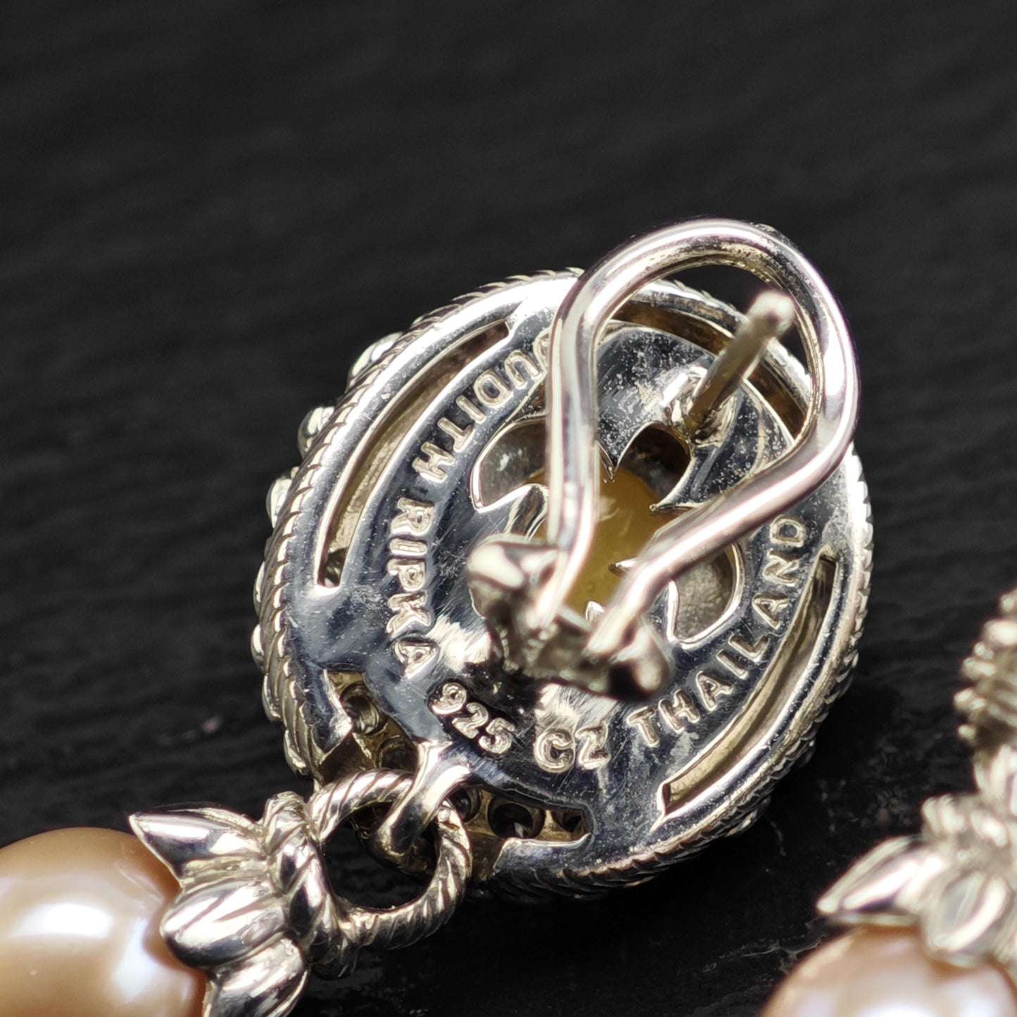 Vintage Judith Ripka Pink Cabochon, Pearl, CZ Omega Back Sterling Silver Earrings ER3195