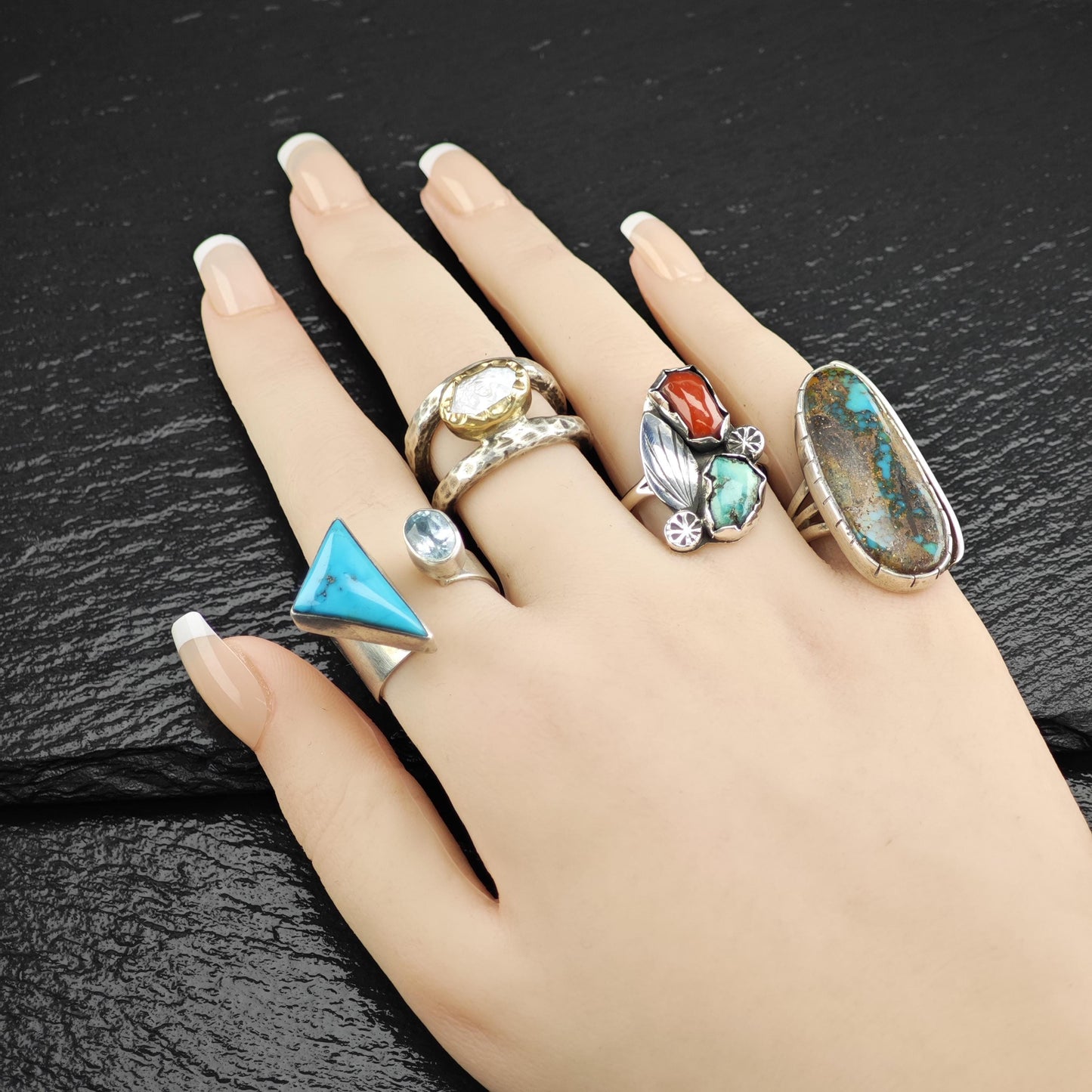 Turquoise, Coral Floral Ring Sterling Silver R5819