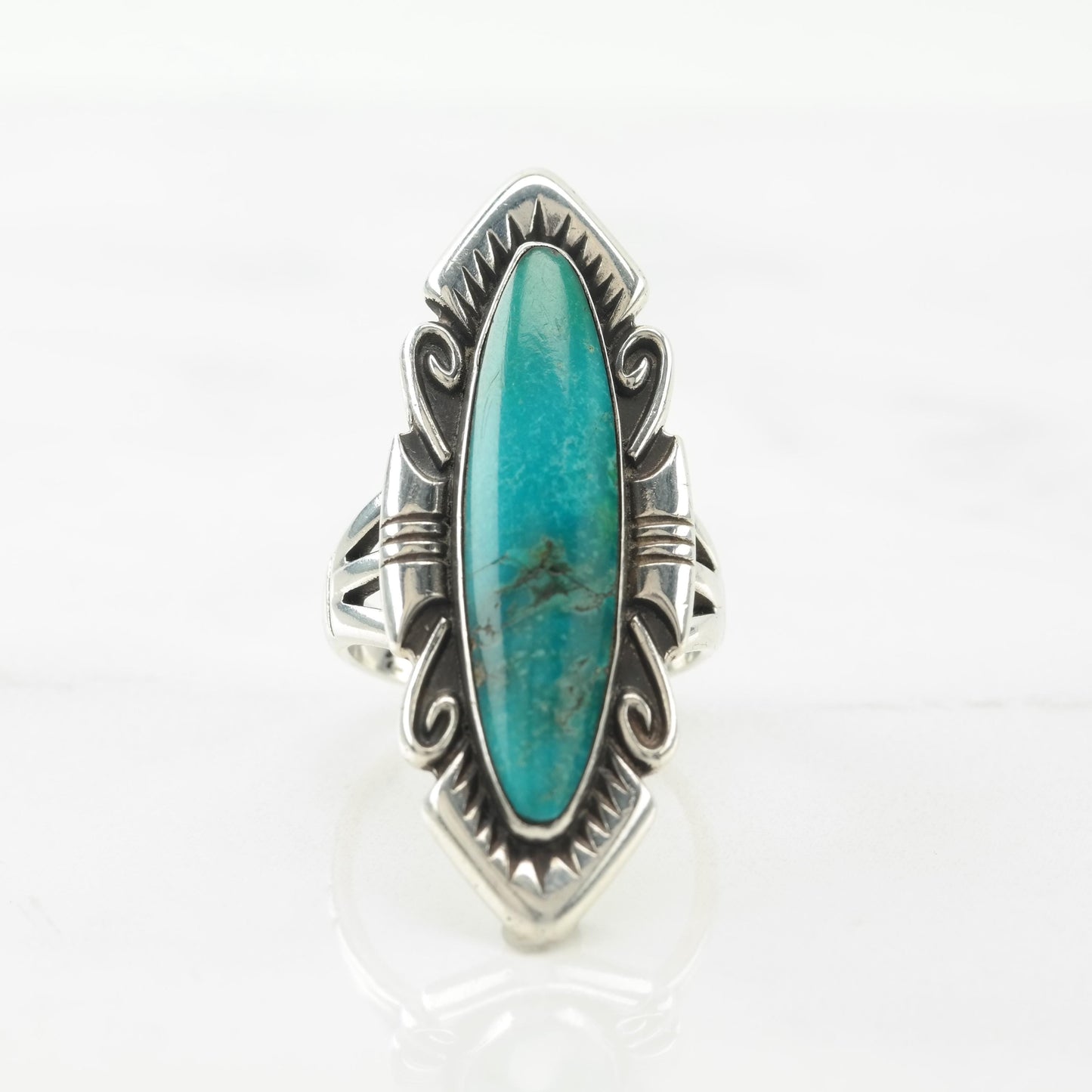 Long Navette Turquoise Sterling Silver Ring Size 6 1/2 Bell Trading Post