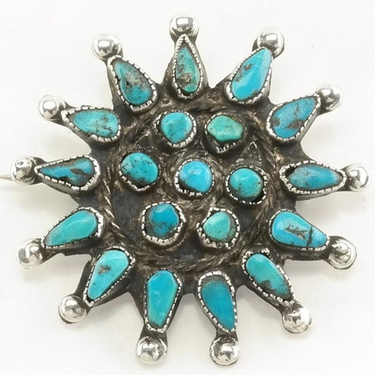 Vintage Native American Sterling Silver Brooch Star Blue Turquoise