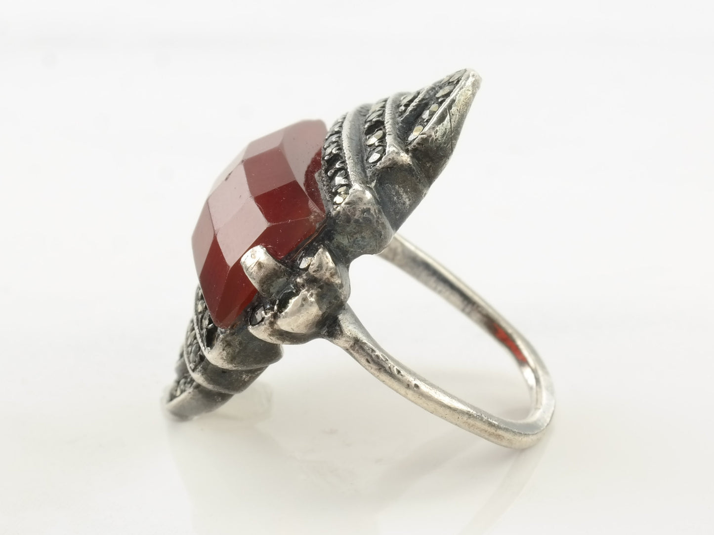 Antique Art Deco Silver Ring Carnelian Marcasite Sterling Size 3