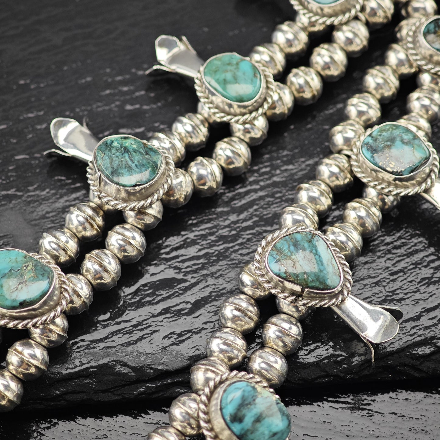 Sw Sterling Silver Blue Turquoise Squash Blossom Necklace 25"