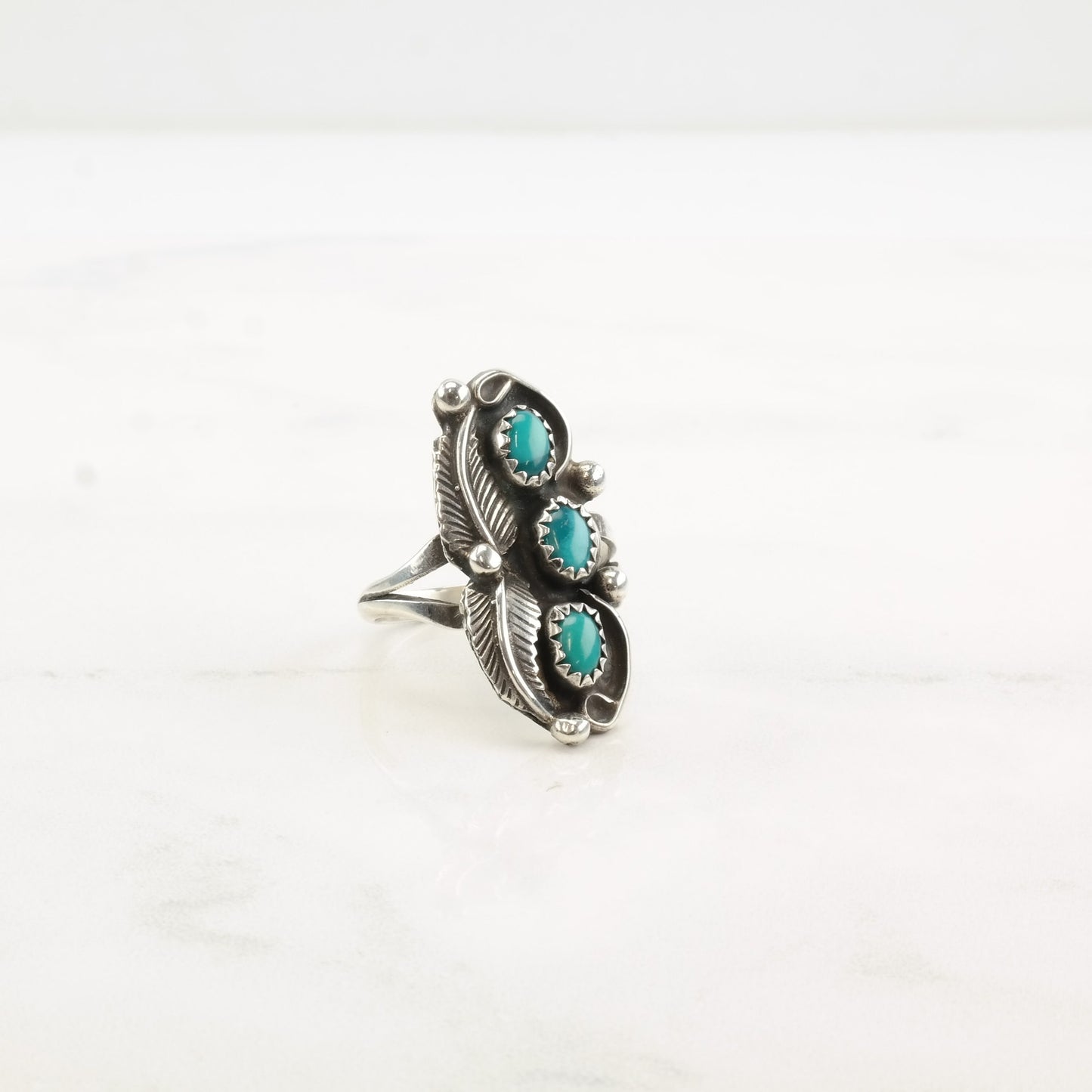 Vintage Native American Silver Ring Turquoise Leaf Sterling Size 8 1/4