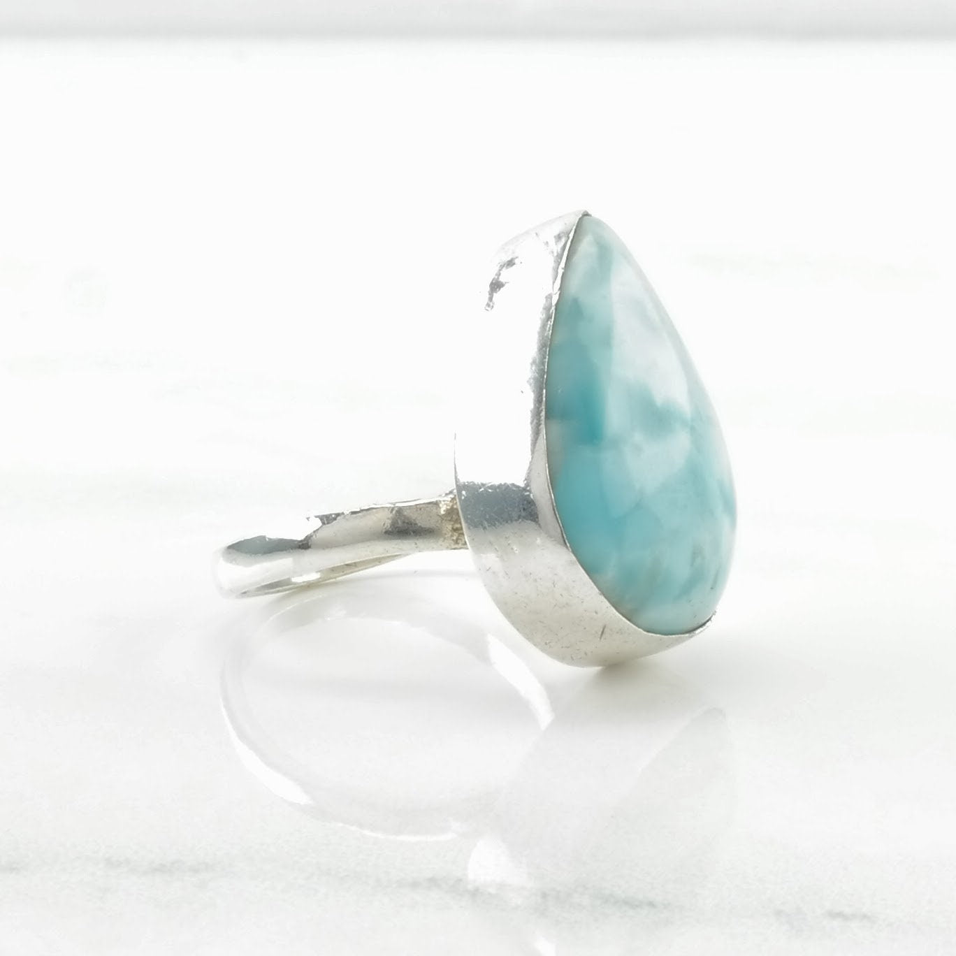 Vintage Sterling Silver Ring Larimar Teardrop Blue Size 8 1/4