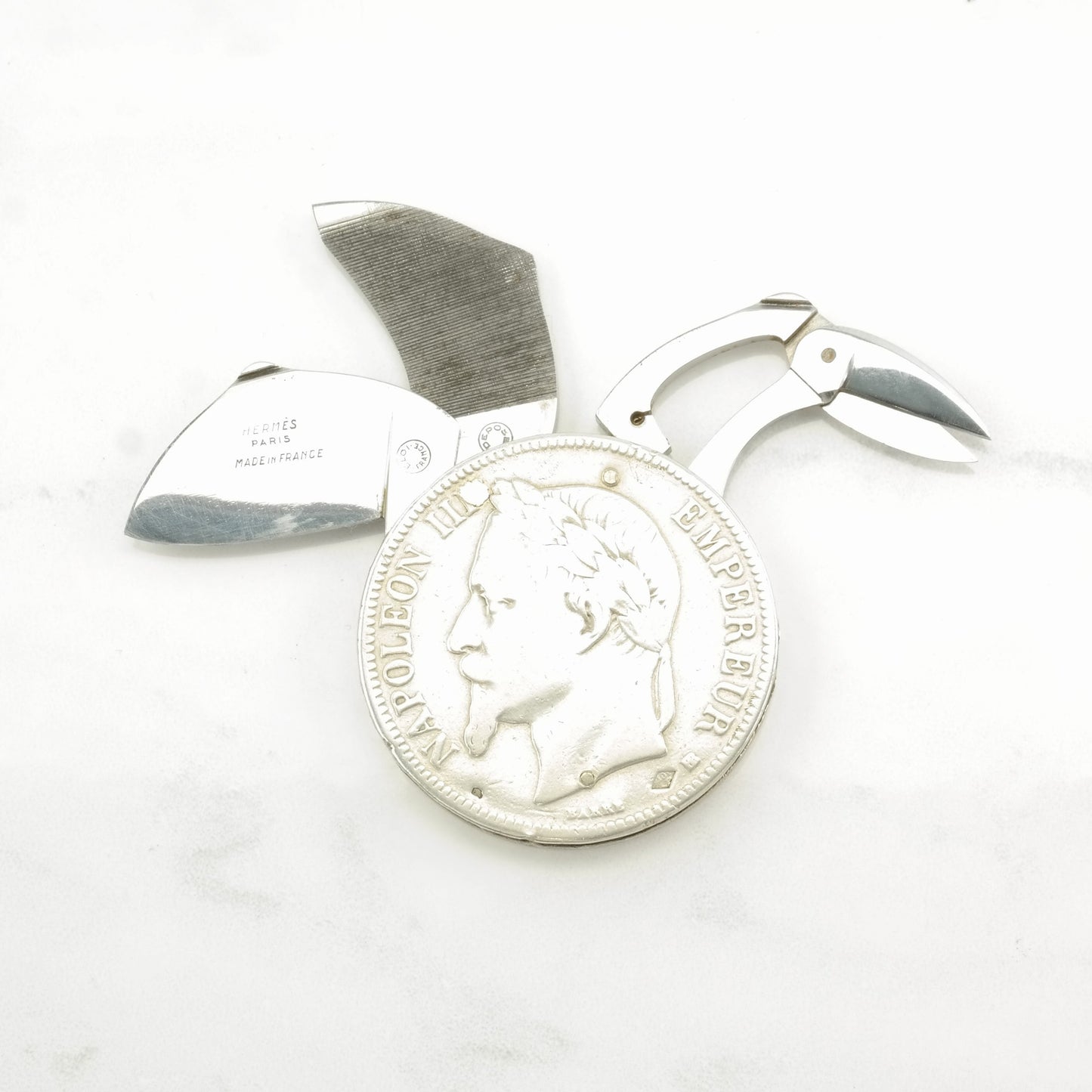 1867 Hermes French Coin Sterling Silver Scissors, Knife and File