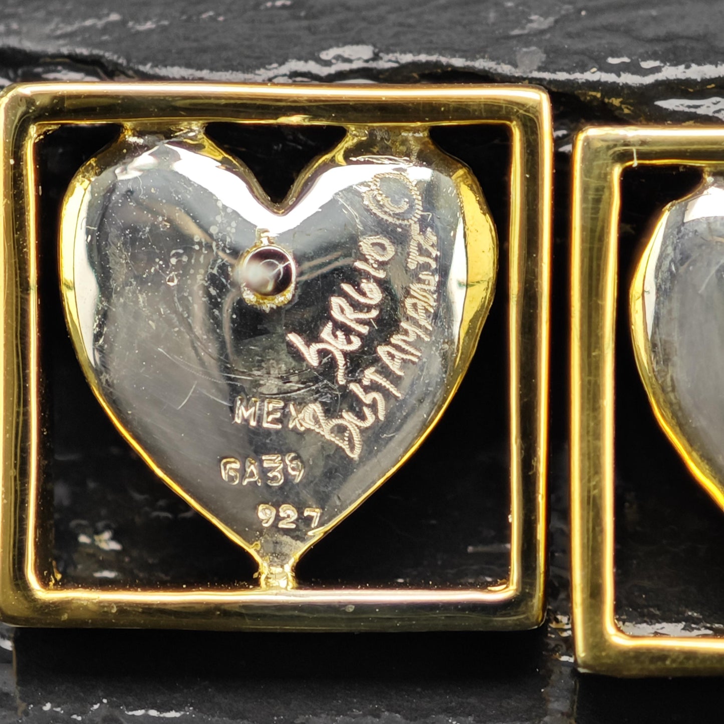 Sergio Bustamante Heart, Gold Tone Frame Stud Sterling Silver Earrings ER3123
