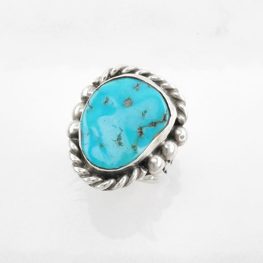 Native American Sterling Silver Ring, Natural Turquoise Blue Size 7 1/4