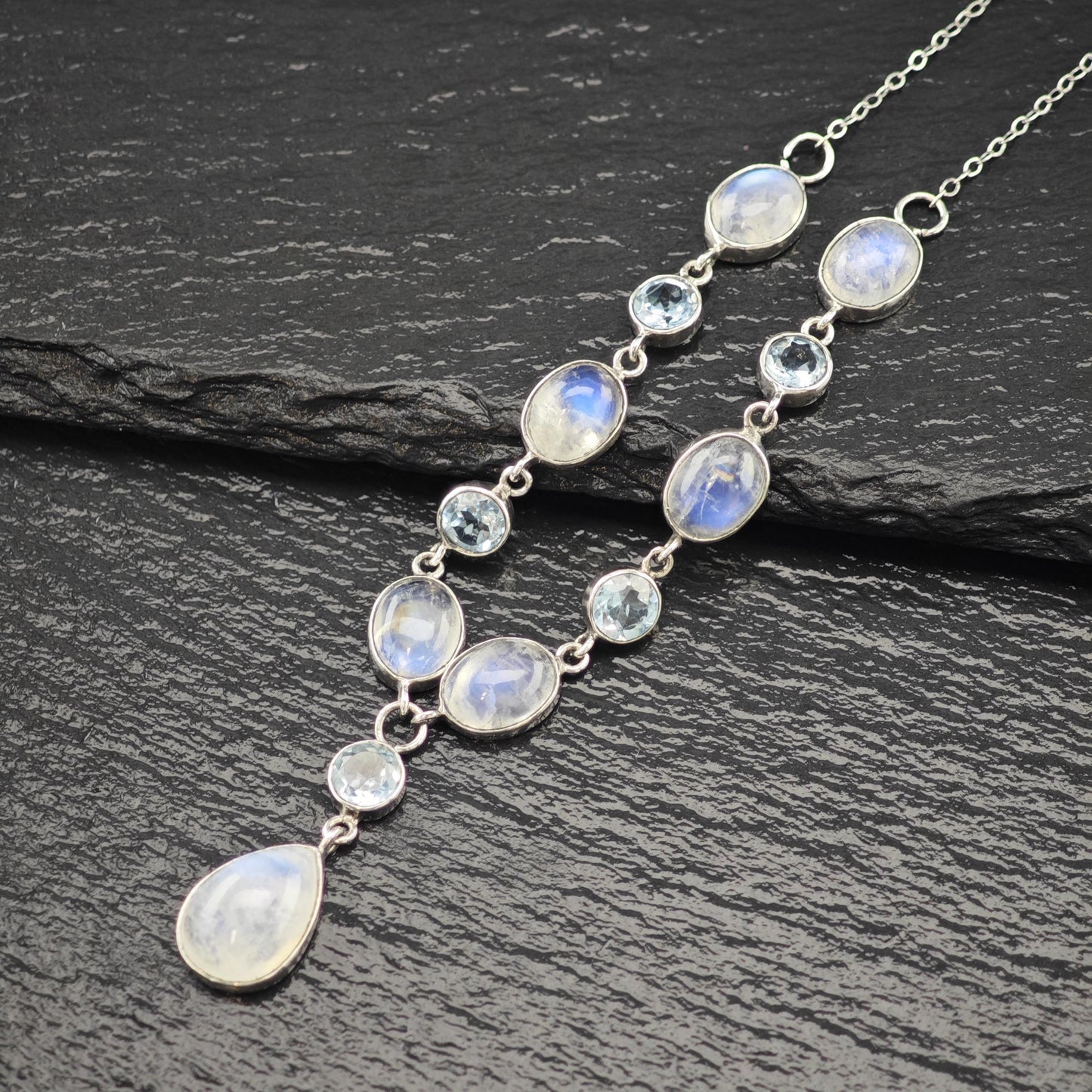 Lariat Sterling Silver Blue Moonstone Topaz Necklace