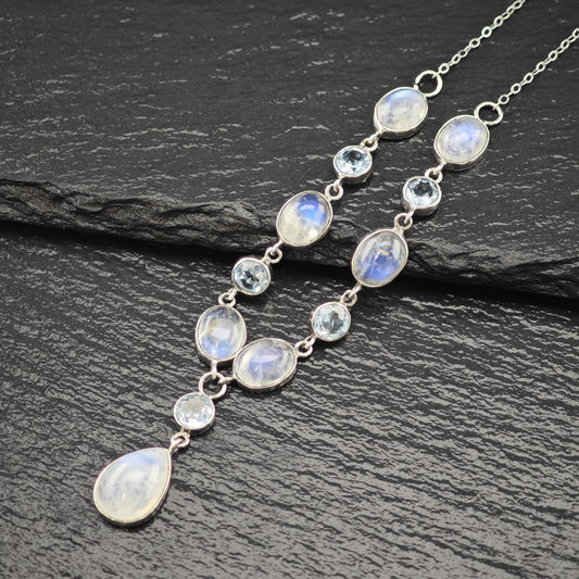 Lariat Sterling Silver Blue Moonstone Topaz Necklace