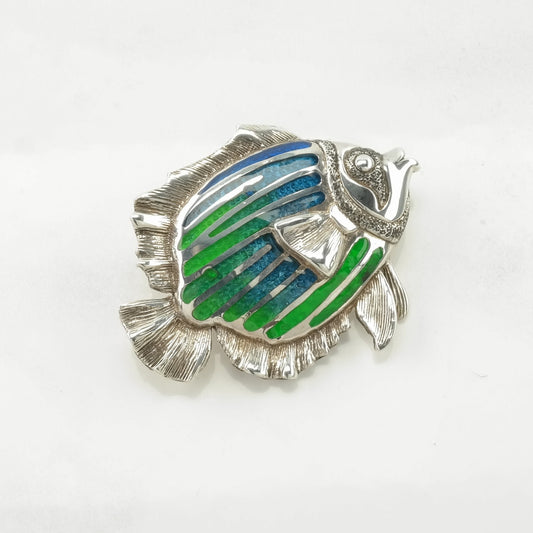 Vintage Kabana Blue, Green Silver Brooch Fish Enamel Sterling