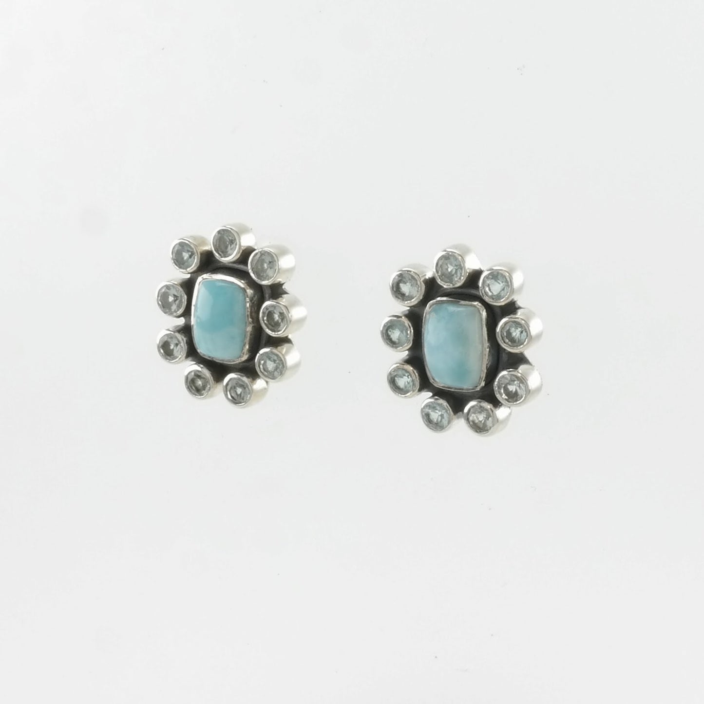 Sterling Silver Stud Earrings Blue Larimar, Aquamarine Cluster