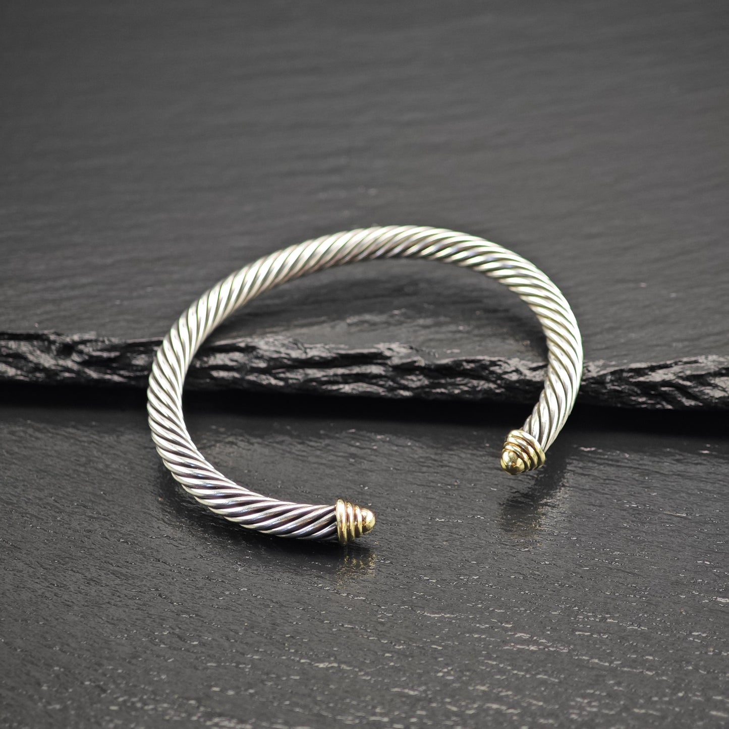 David Yurman 5mm 14K Gold Accent Cable Cuff Bracelet Sterling SIlver