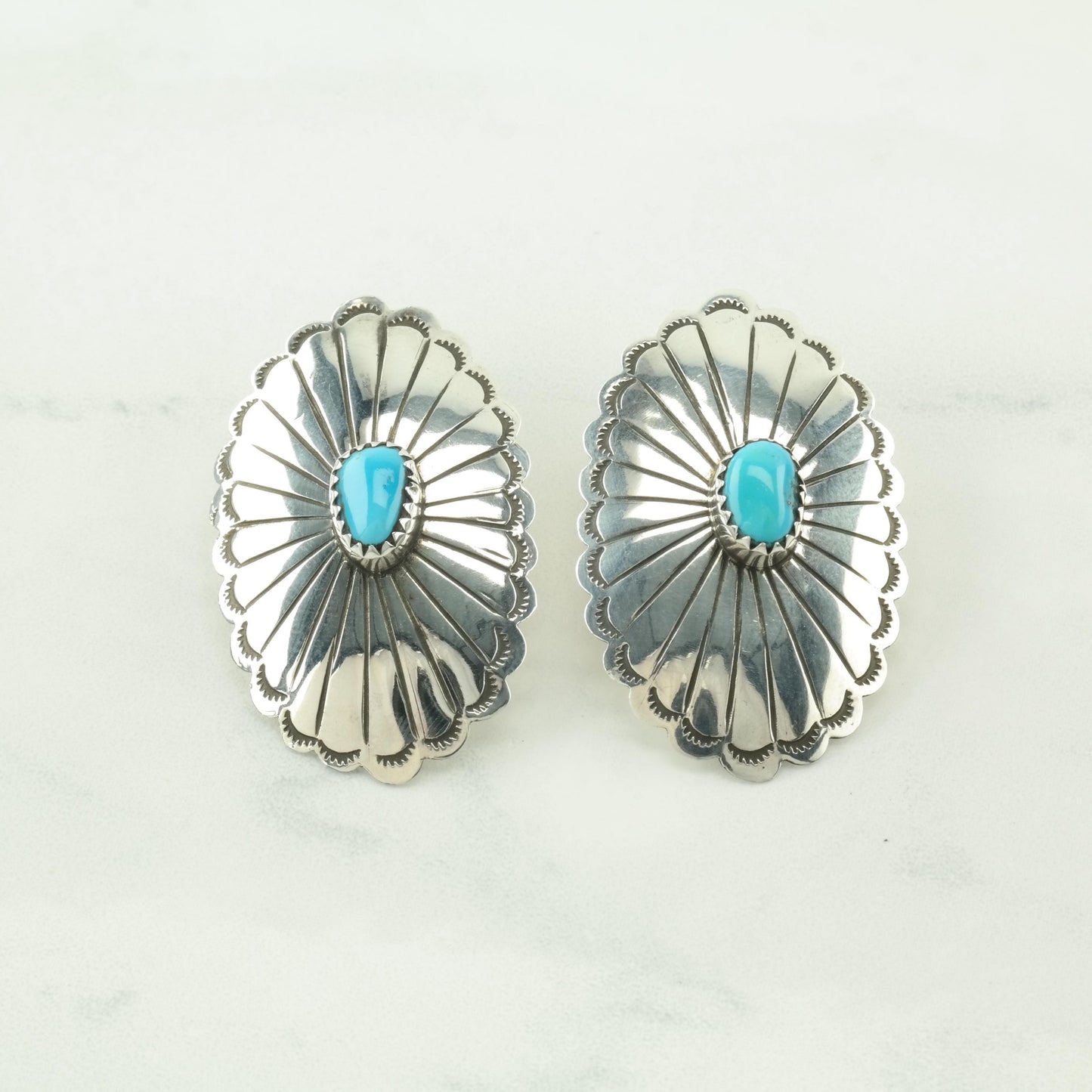 Vintage Large Native American Turquoise, Concho Floral, Stamped, Sterling Silver Pierced Earrings