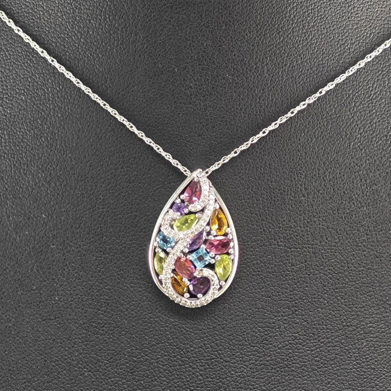 Designer Diamond, Amethyst, Gemstones Teardrop Necklace Sterling Silver N2516