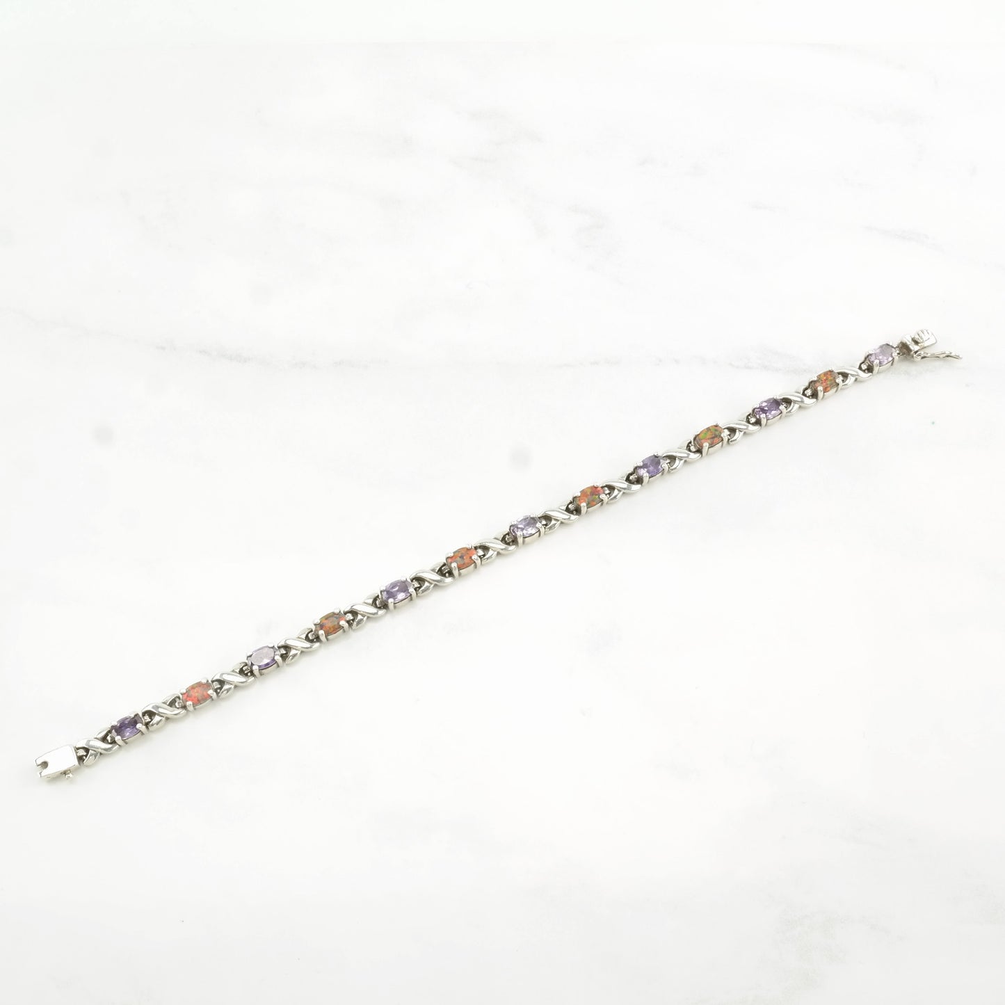 Vintage Sterling Silver Line Bracelet Black, Purple Lab Opal, Amethyst Twisted